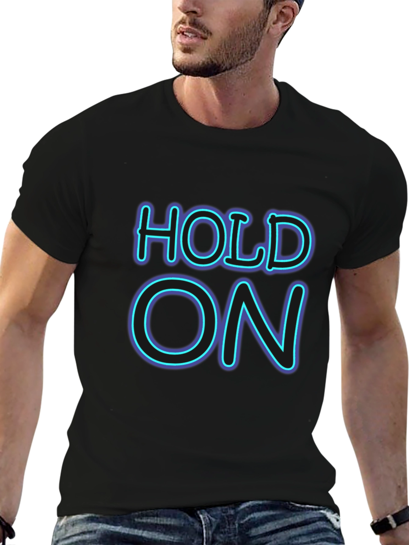Neon HOLD ON Graphic Black T-Shirt