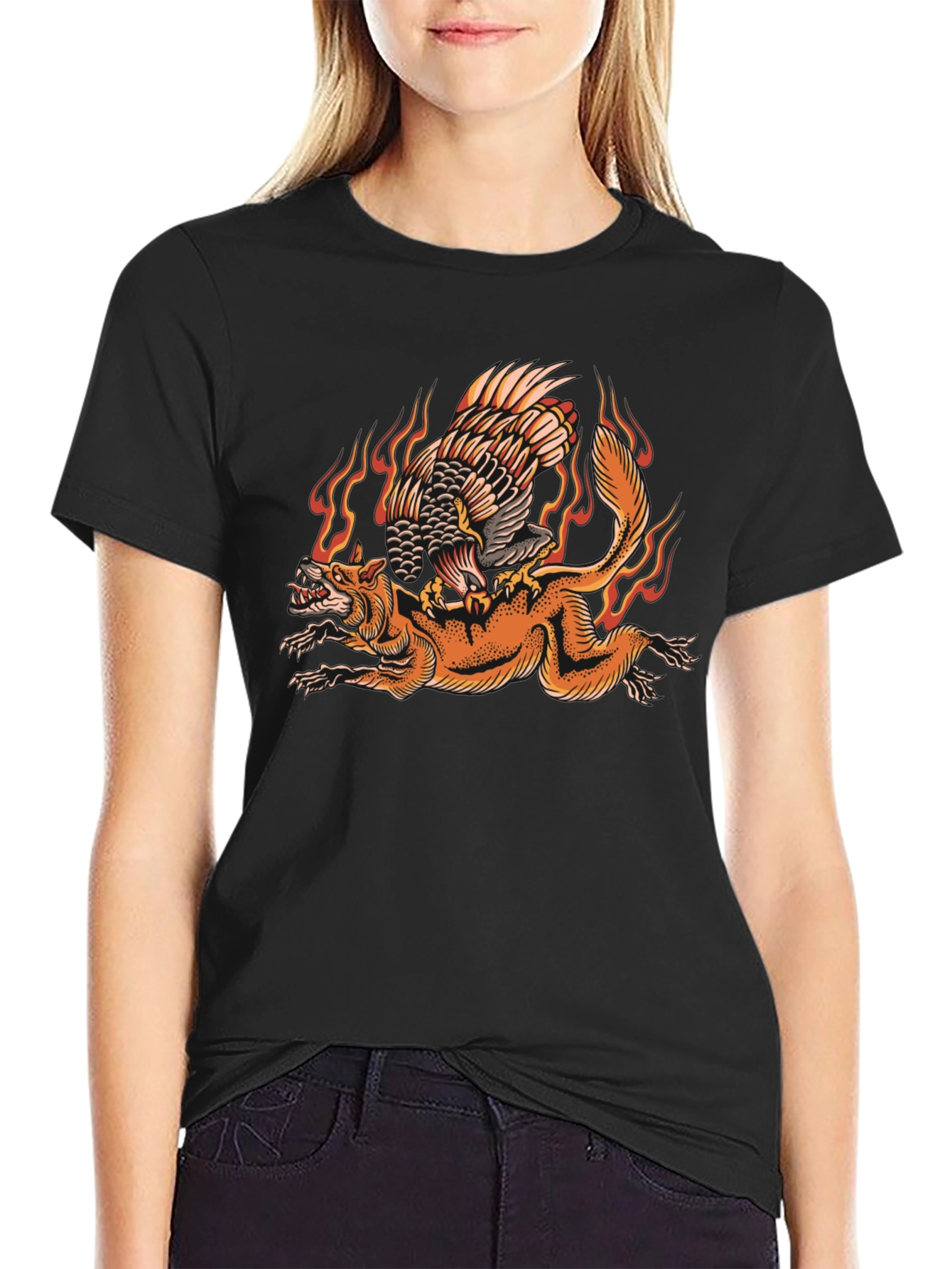 Fiery Eagle & Fox Graphic Tee - Black