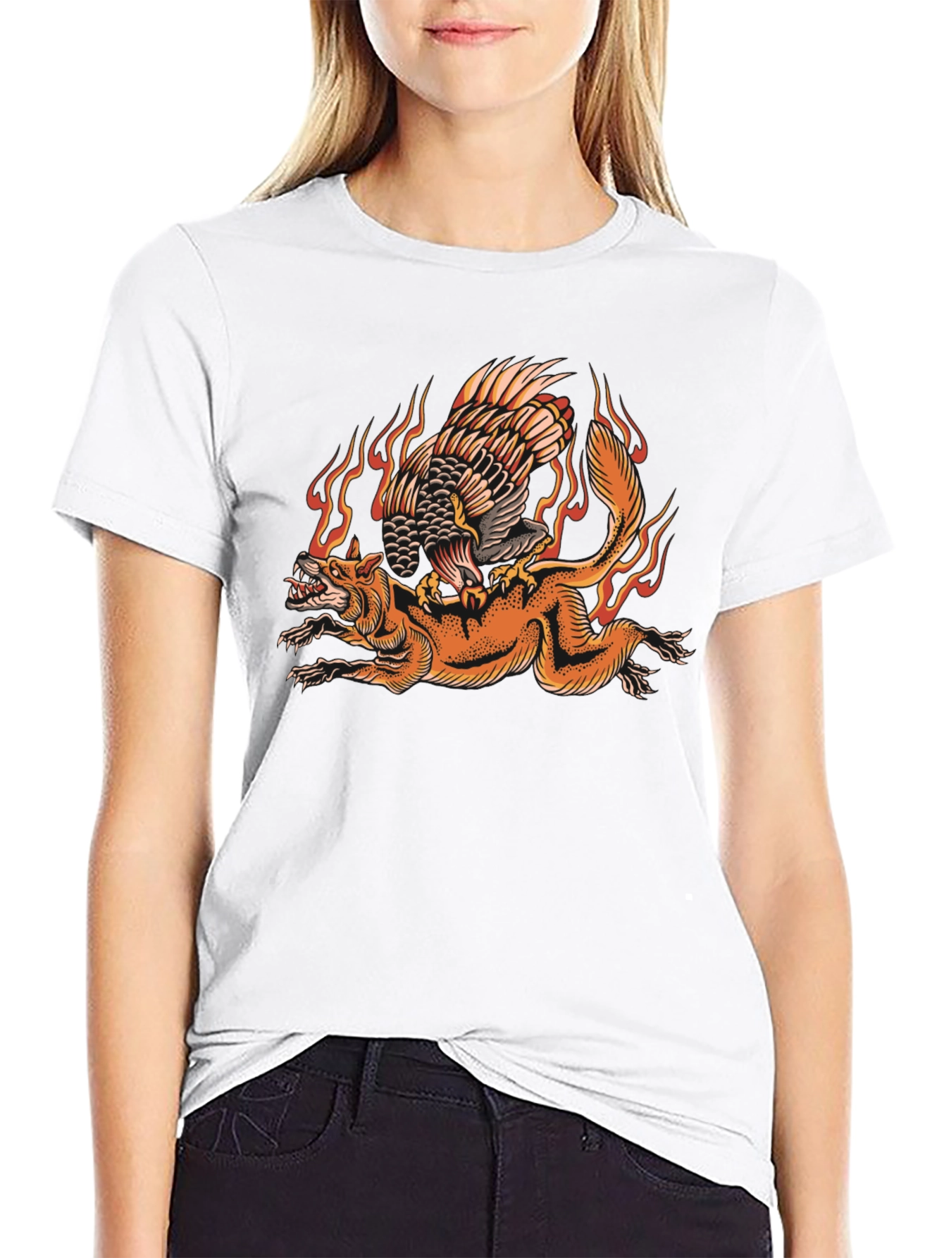Fiery Eagle & Fox Graphic Tee - Black