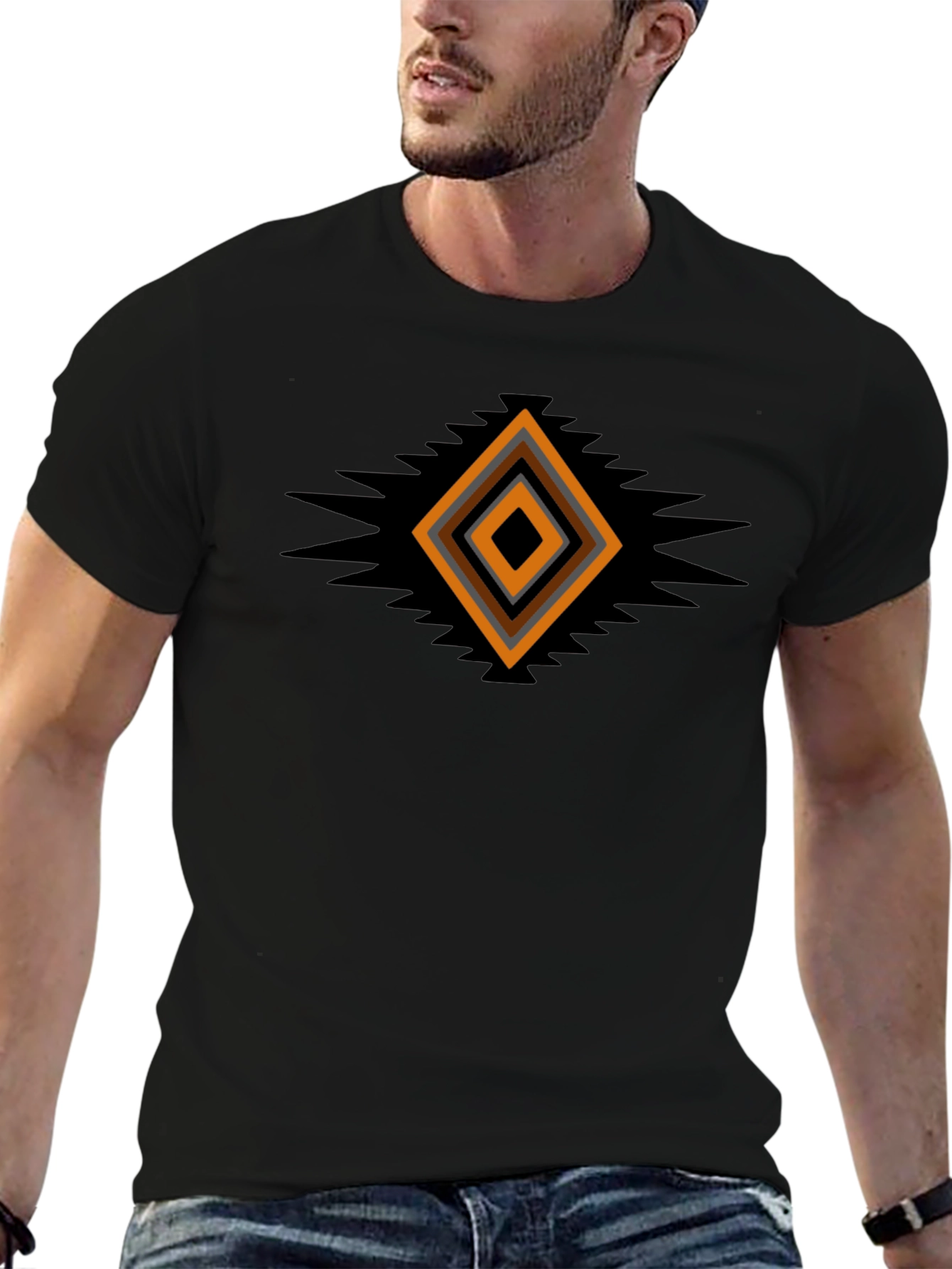 Geometric Aztec Diamond Print Black T-Shirt