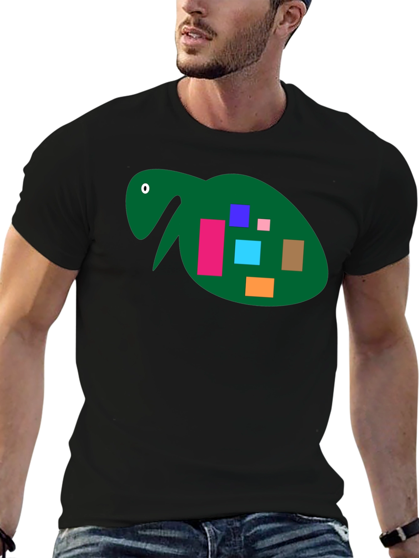 Abstract Turtle Graphic Tee - Black Cotton Casual