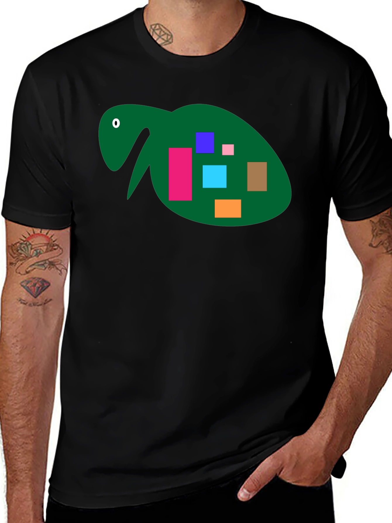 Abstract Turtle Graphic Tee - Black Cotton Casual