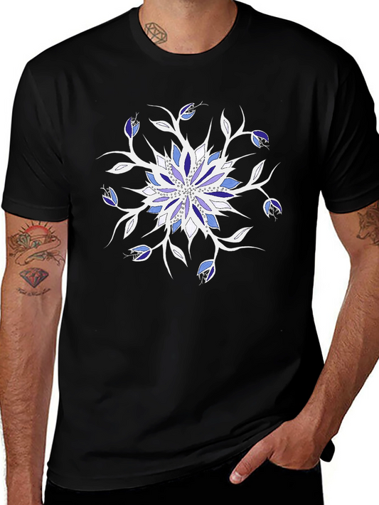 Floral Mandala Graphic Tee - Black Cotton Casual Top