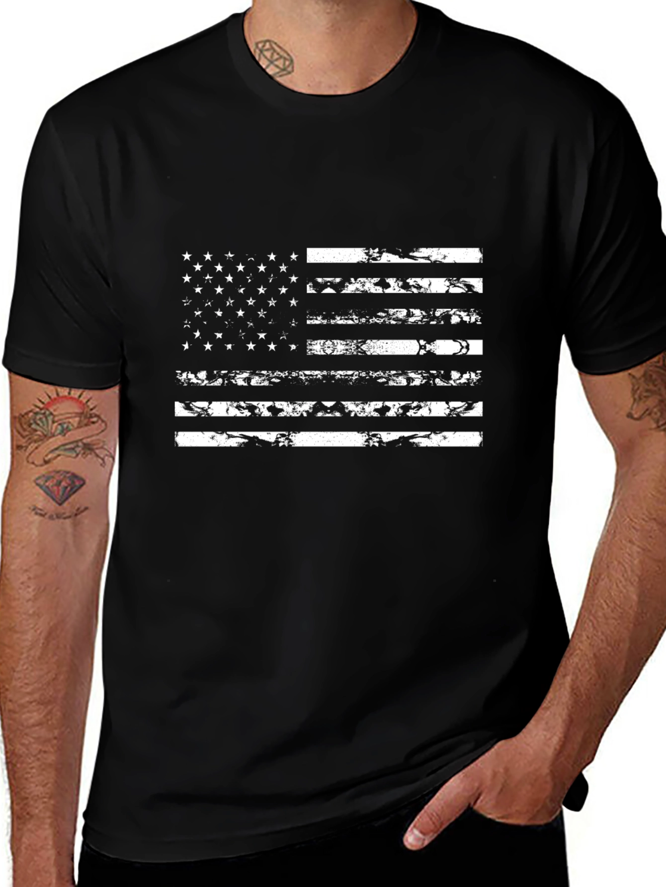 Distressed American Flag Graphic Tee - Black