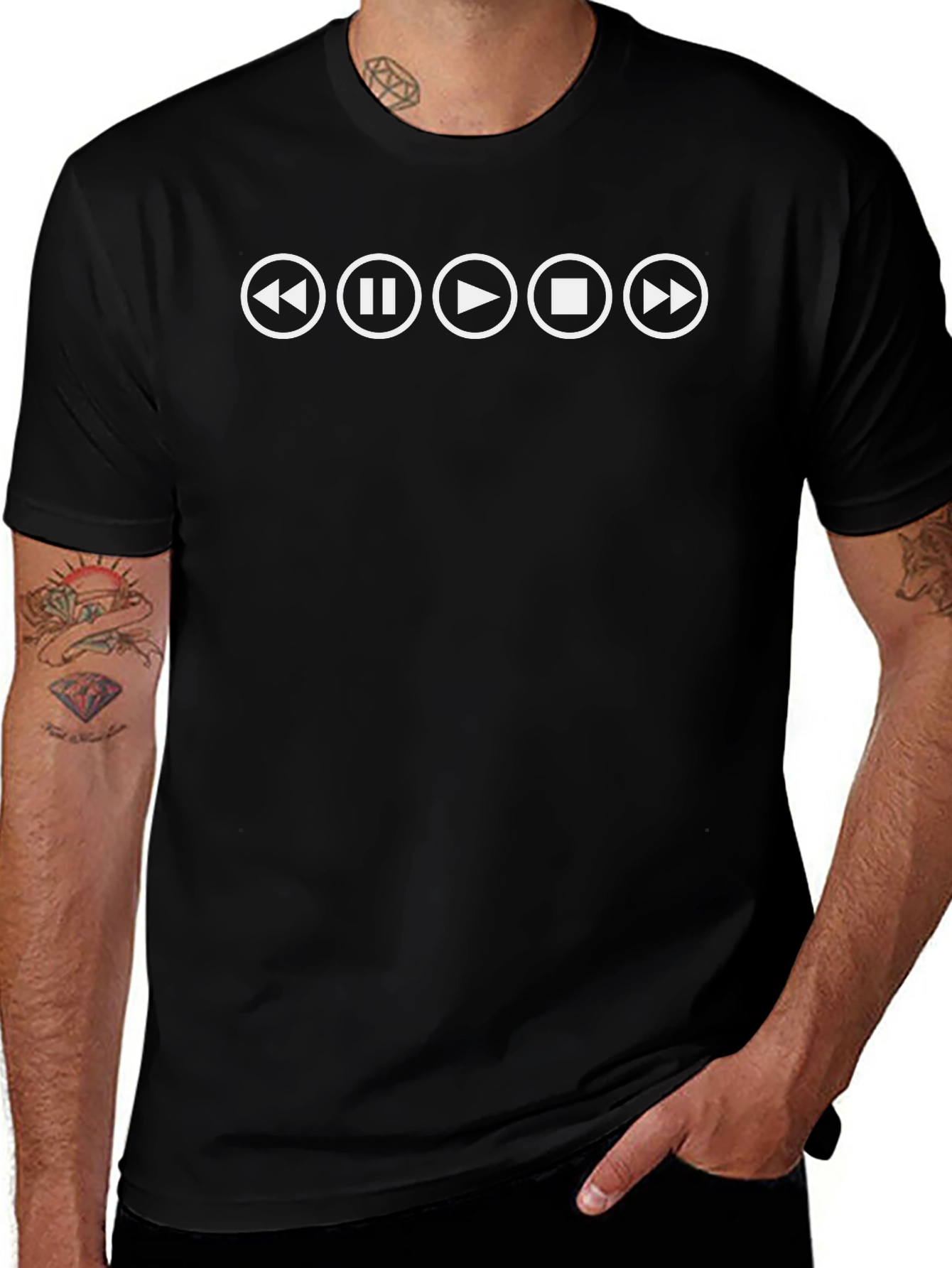 Music Player Buttons Graphic Tee - Black Cotton T-Shirt