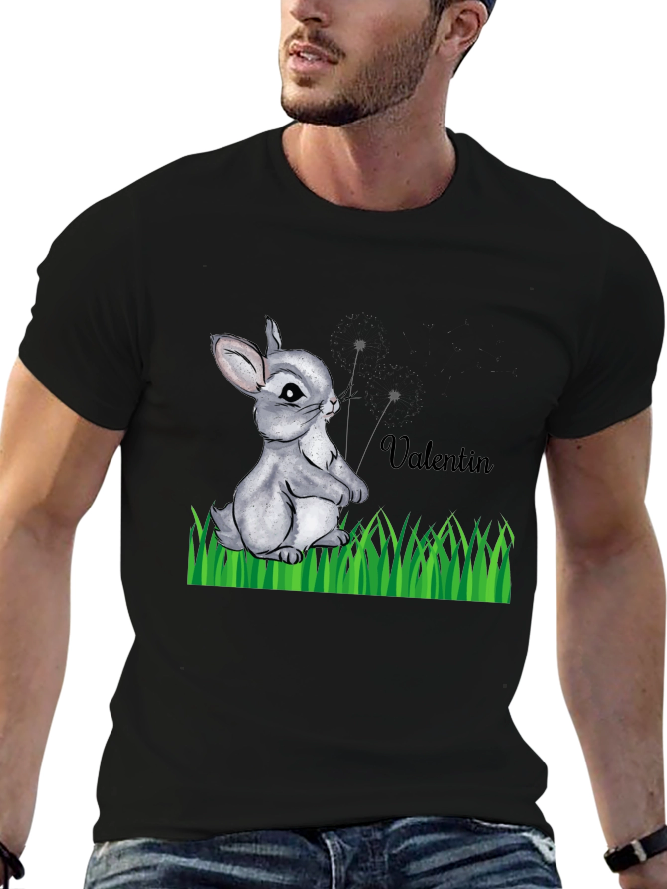 Cute Bunny Valentin Graphic T-Shirt - Black