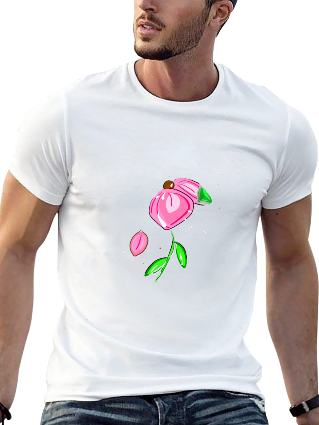 Black T-Shirt with Pink Flower Design