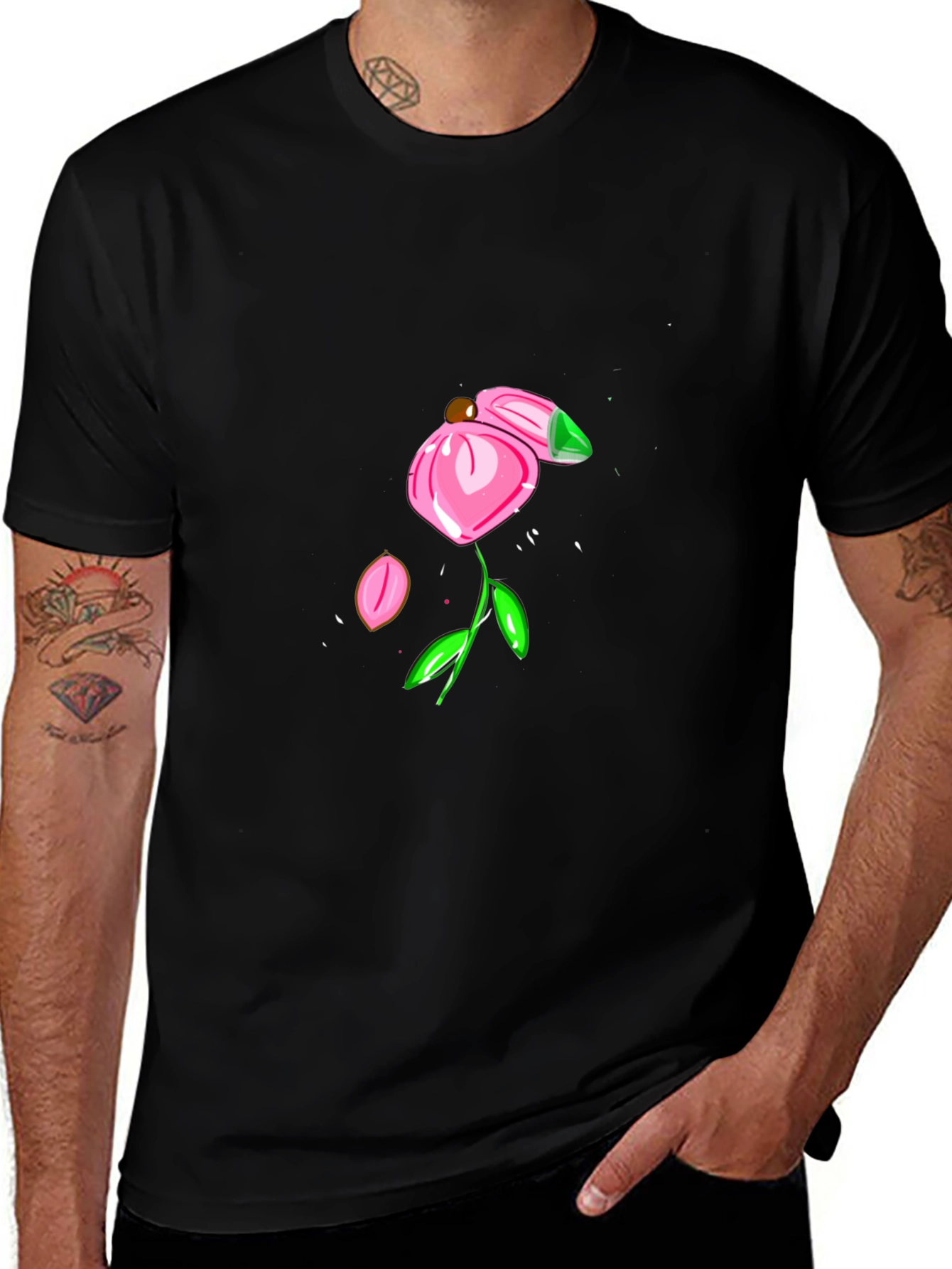 Black T-Shirt with Pink Flower Design