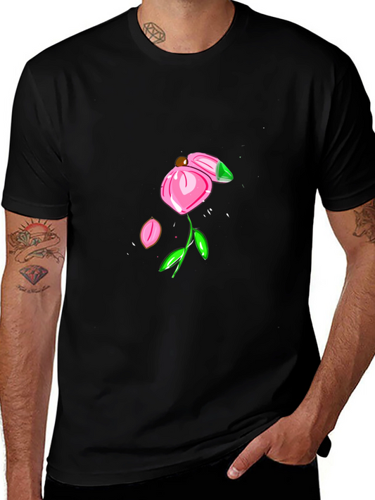 Black T-Shirt with Pink Flower Design