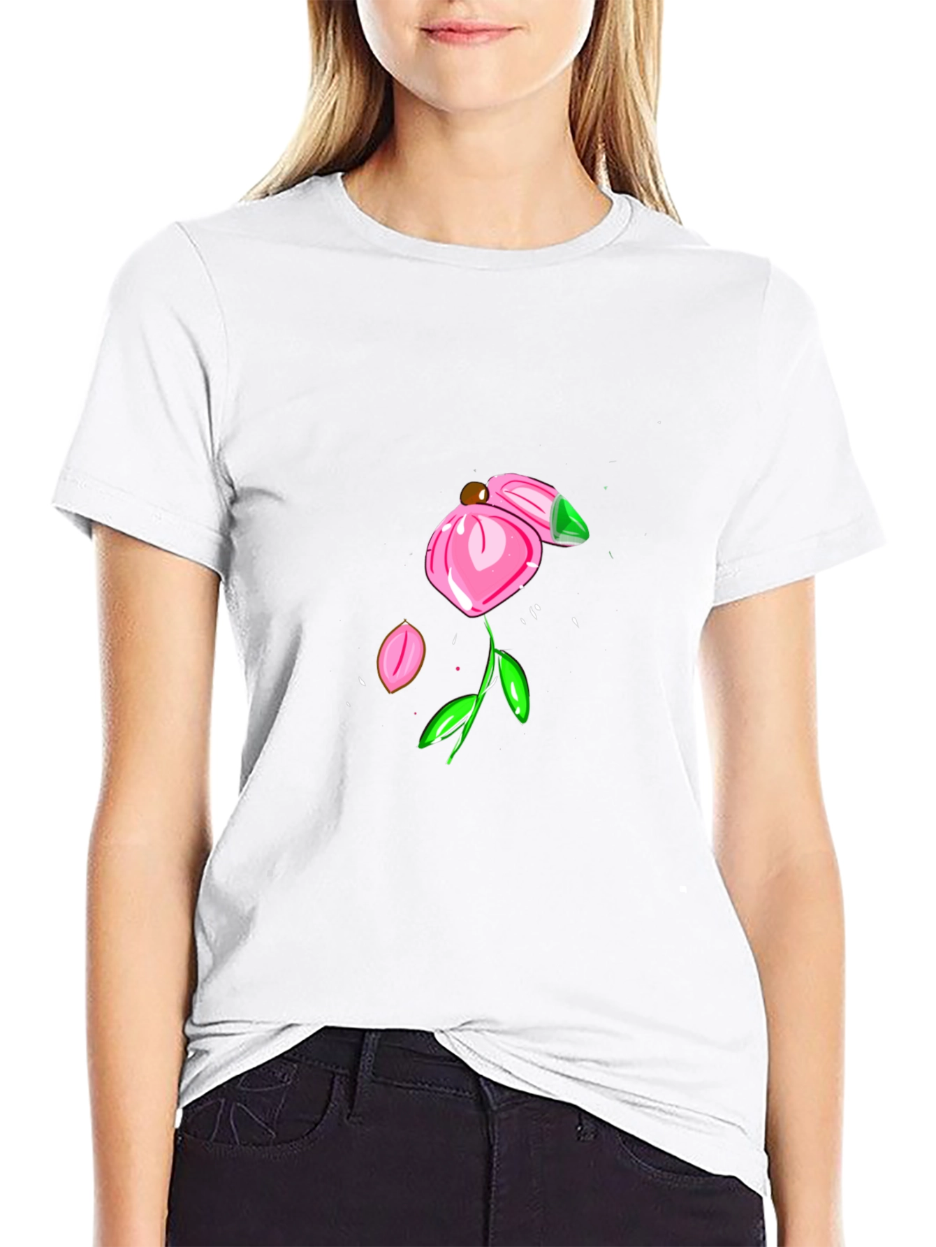 Black T-Shirt with Pink Flower Design