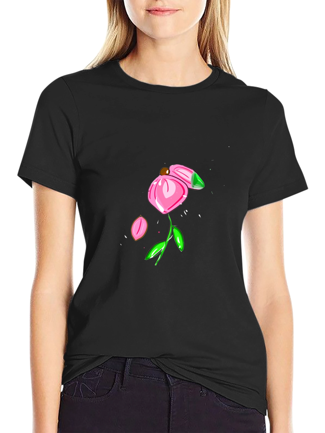 Black T-Shirt with Pink Flower Design