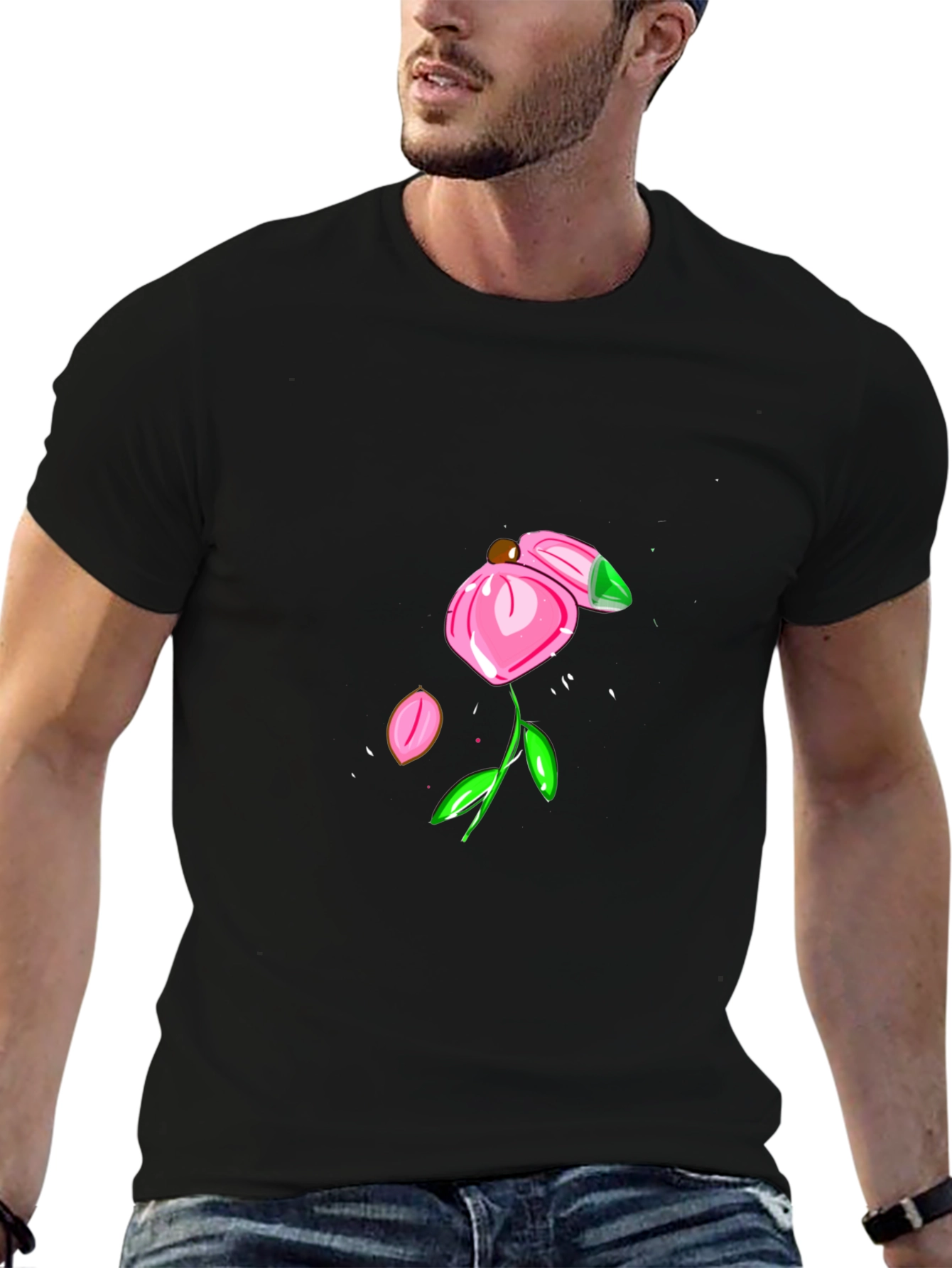 Black T-Shirt with Pink Flower Design