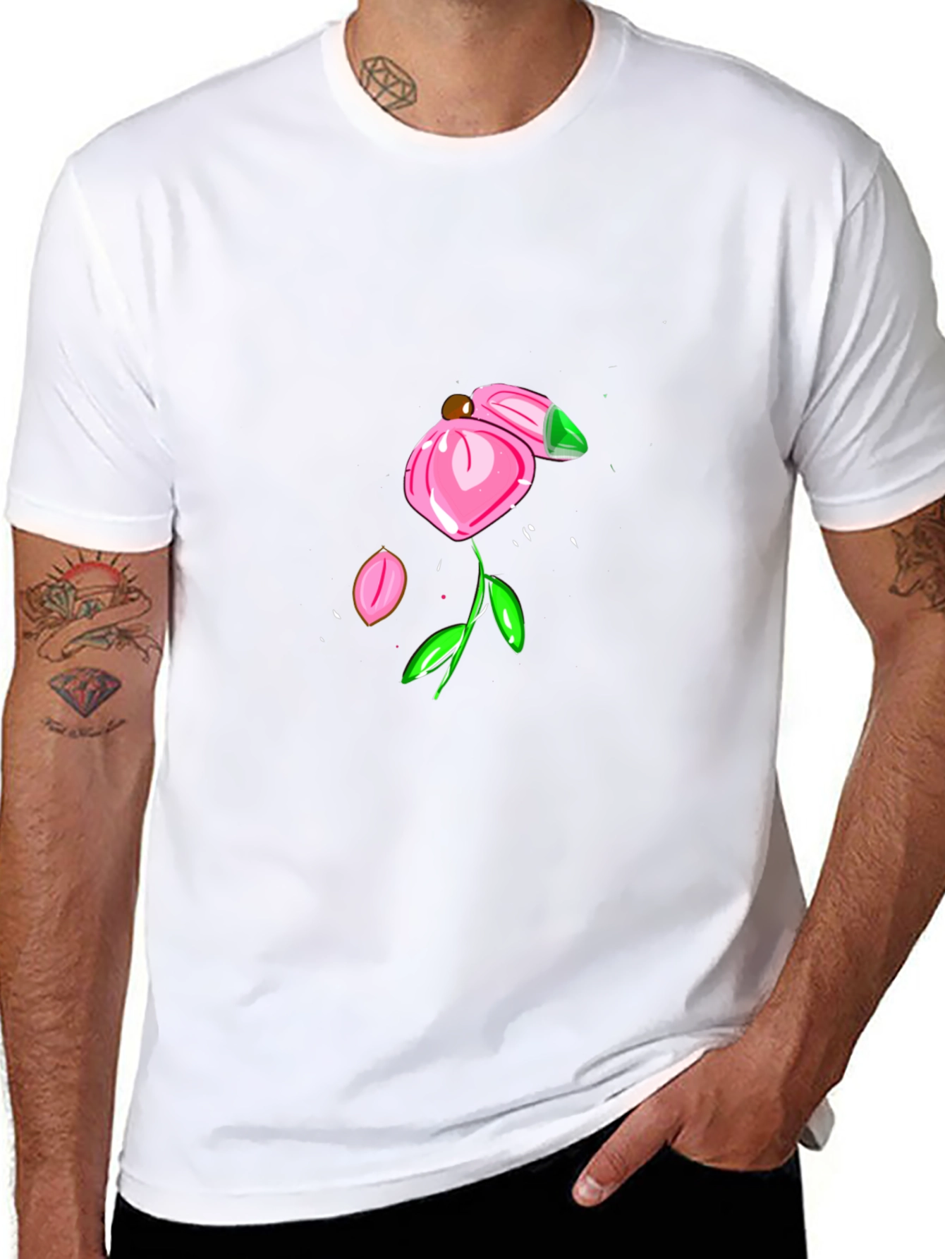 Black T-Shirt with Pink Flower Design