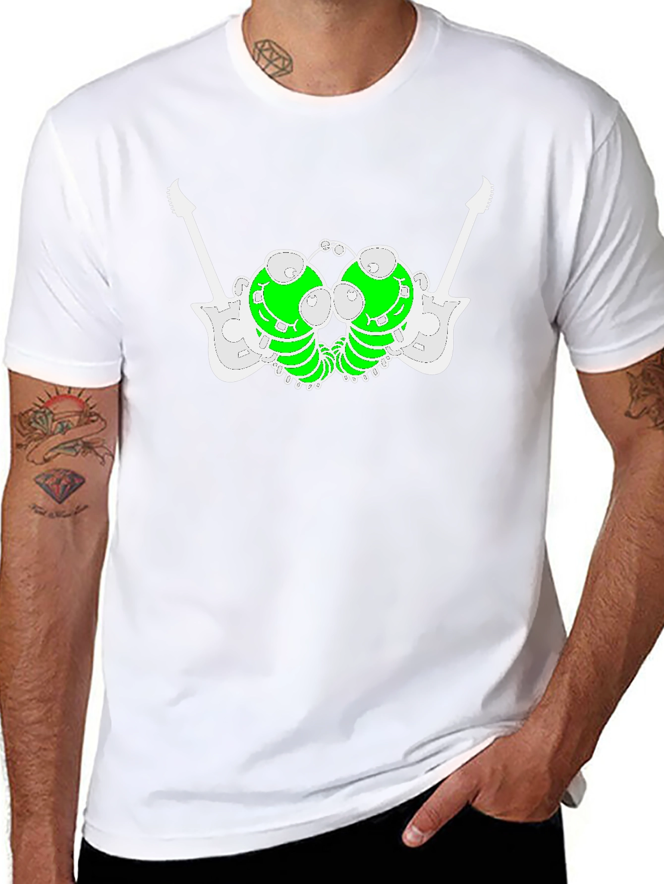 Unique Graphic Tee: Guitar-Caterpillar Design