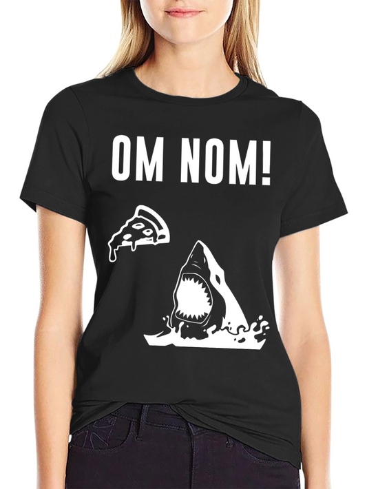 Om Nom Pizza Shark Graphic Tee - Black Cotton T-Shirt