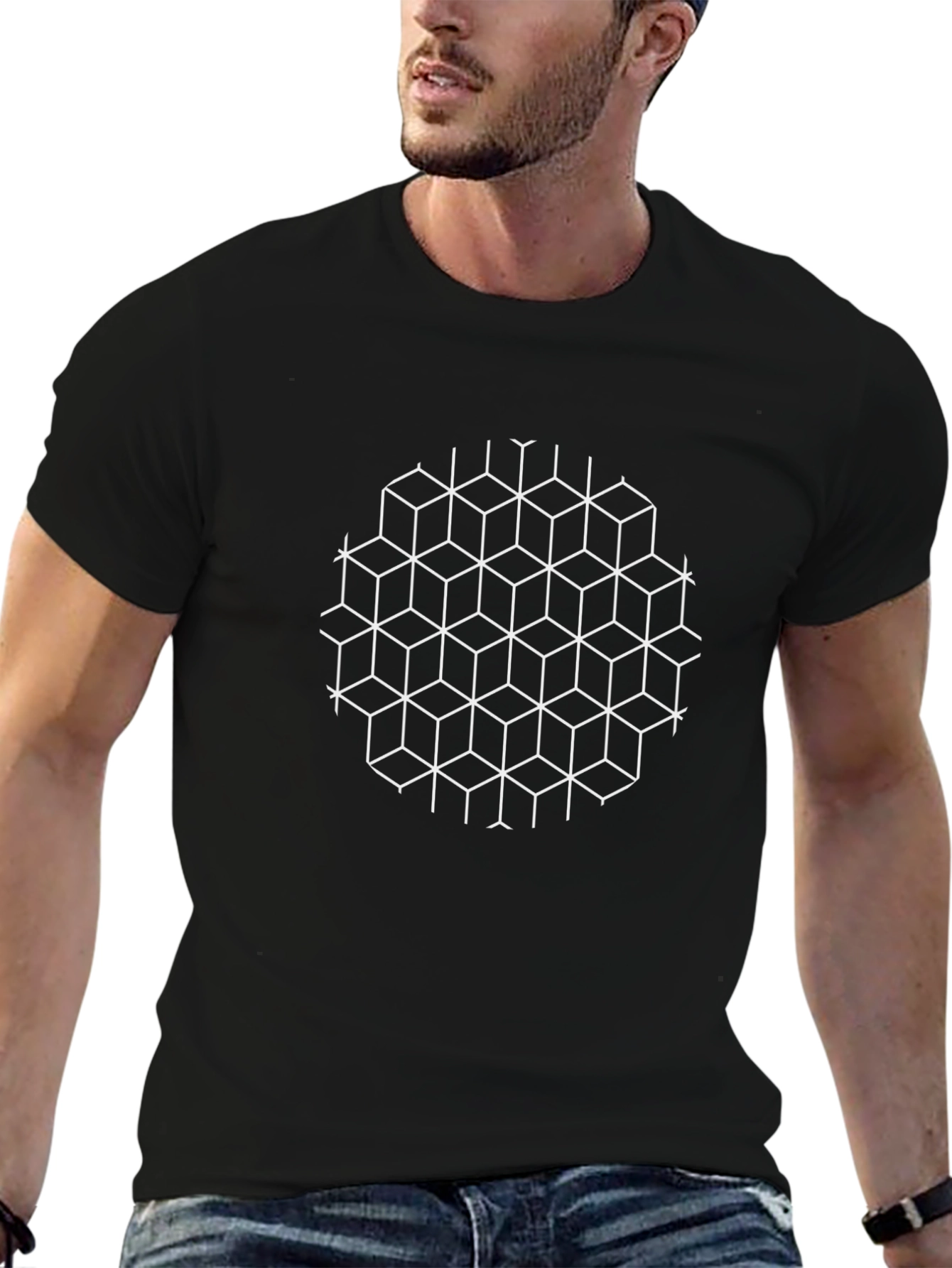 Geometric Cube Pattern Black T-Shirt