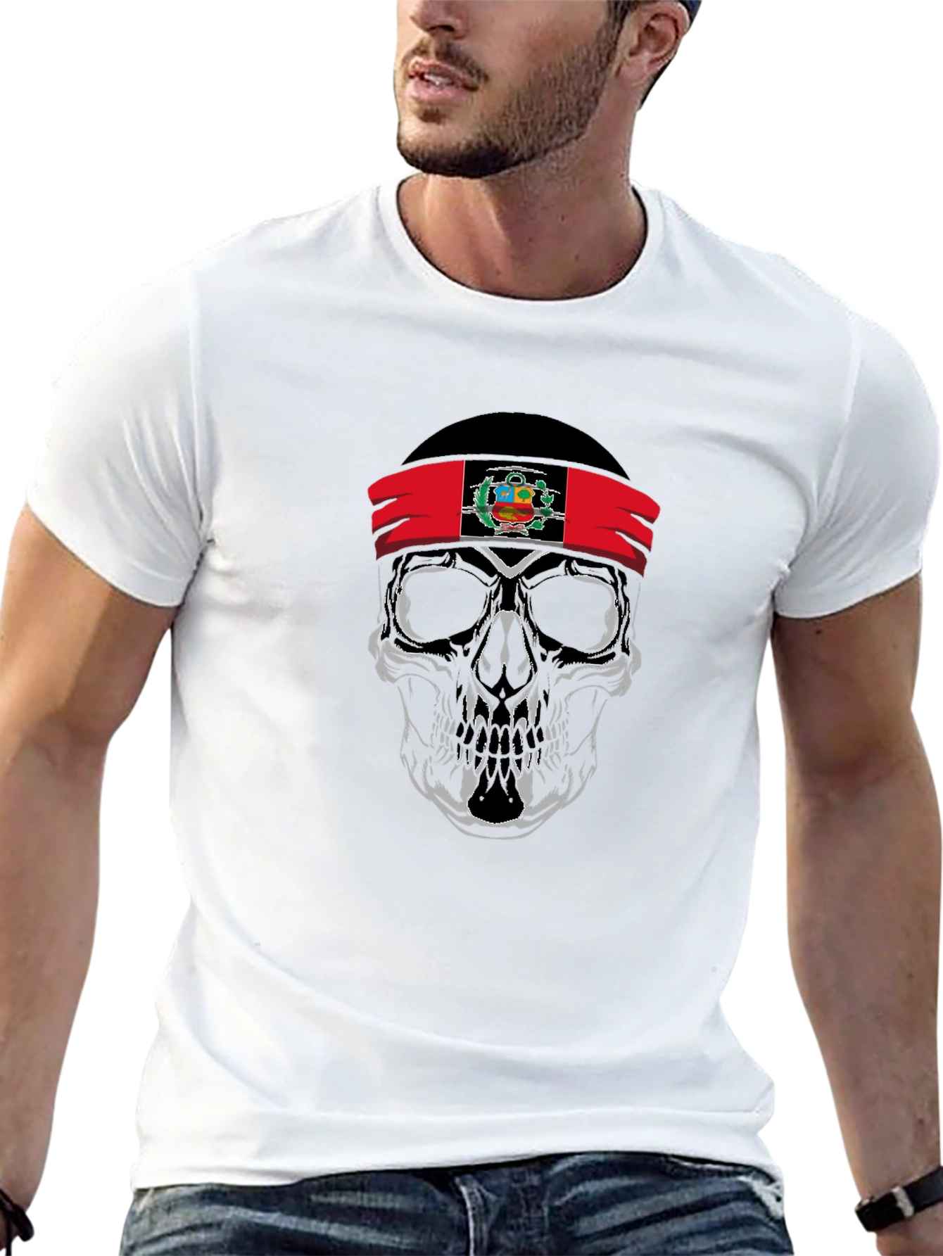 Skull Peruvian Flag Bandana Graphic T-Shirt