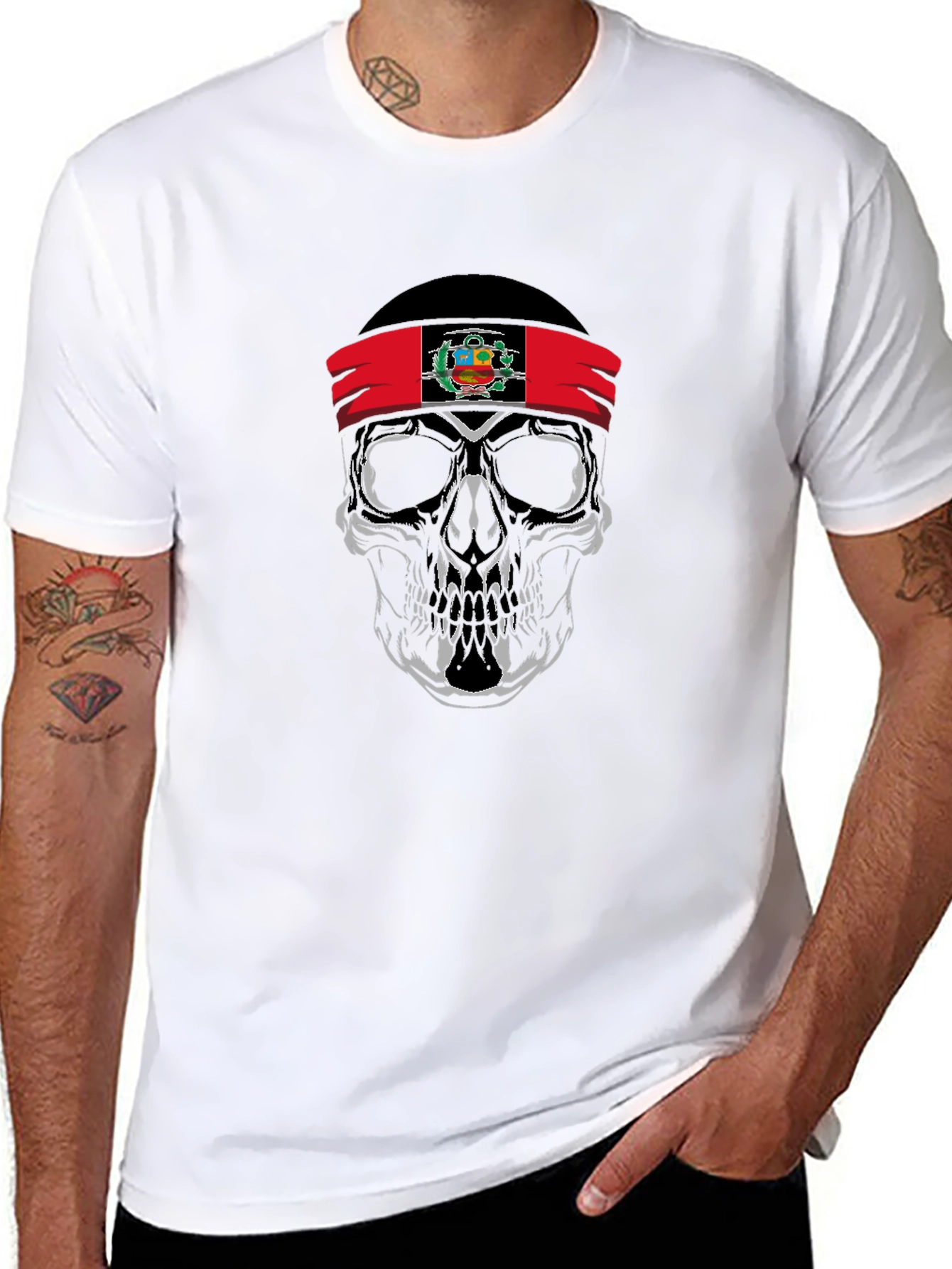 Skull Peruvian Flag Bandana Graphic T-Shirt
