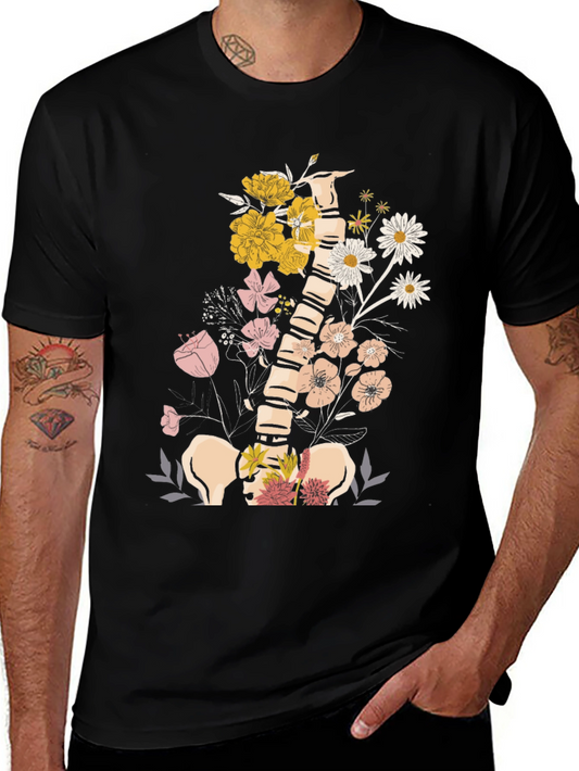 Floral Spine Graphic Tee - Unique Anatomical Design