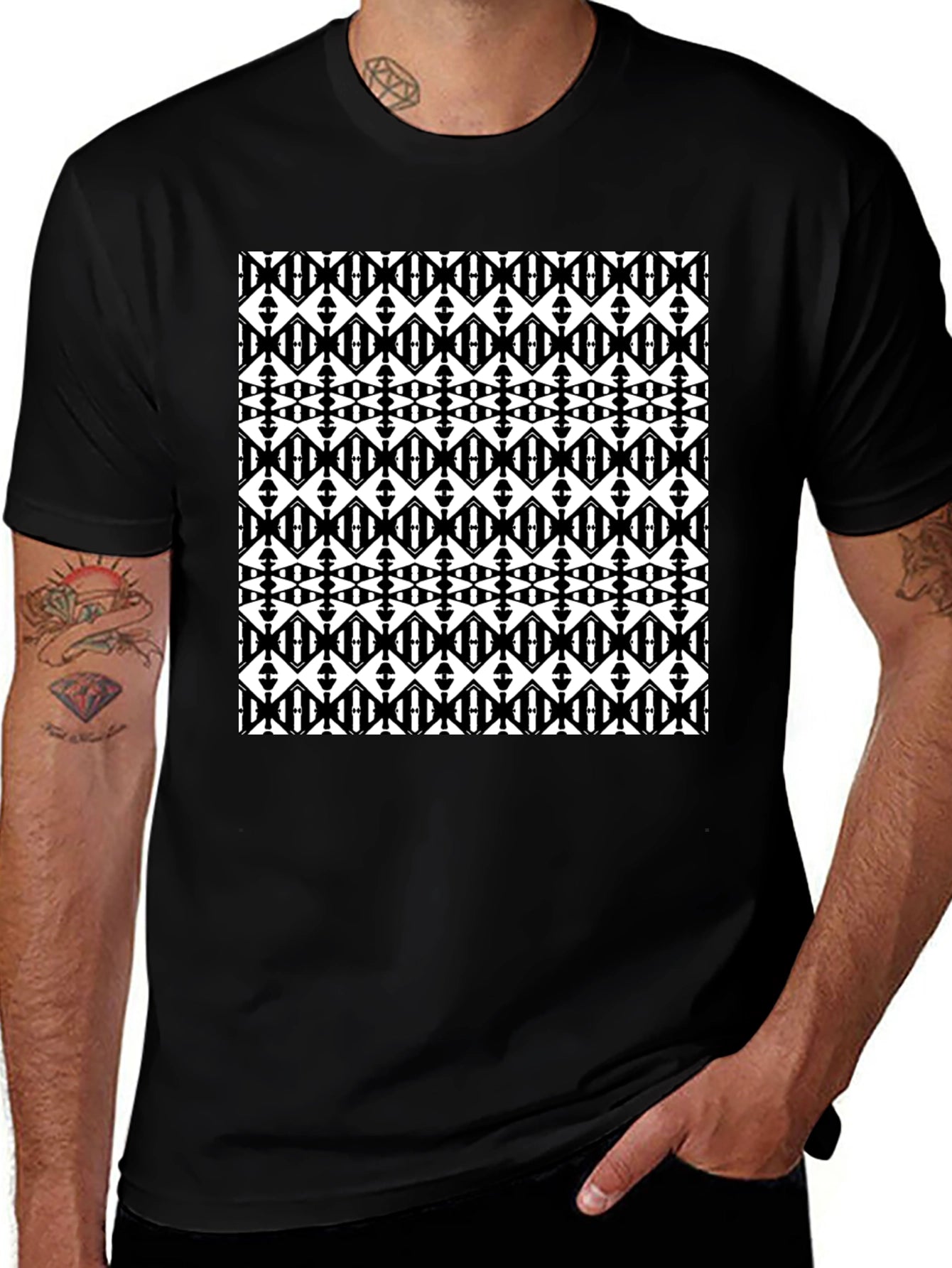 Black Graphic Tee - Geometric Diamond Pattern