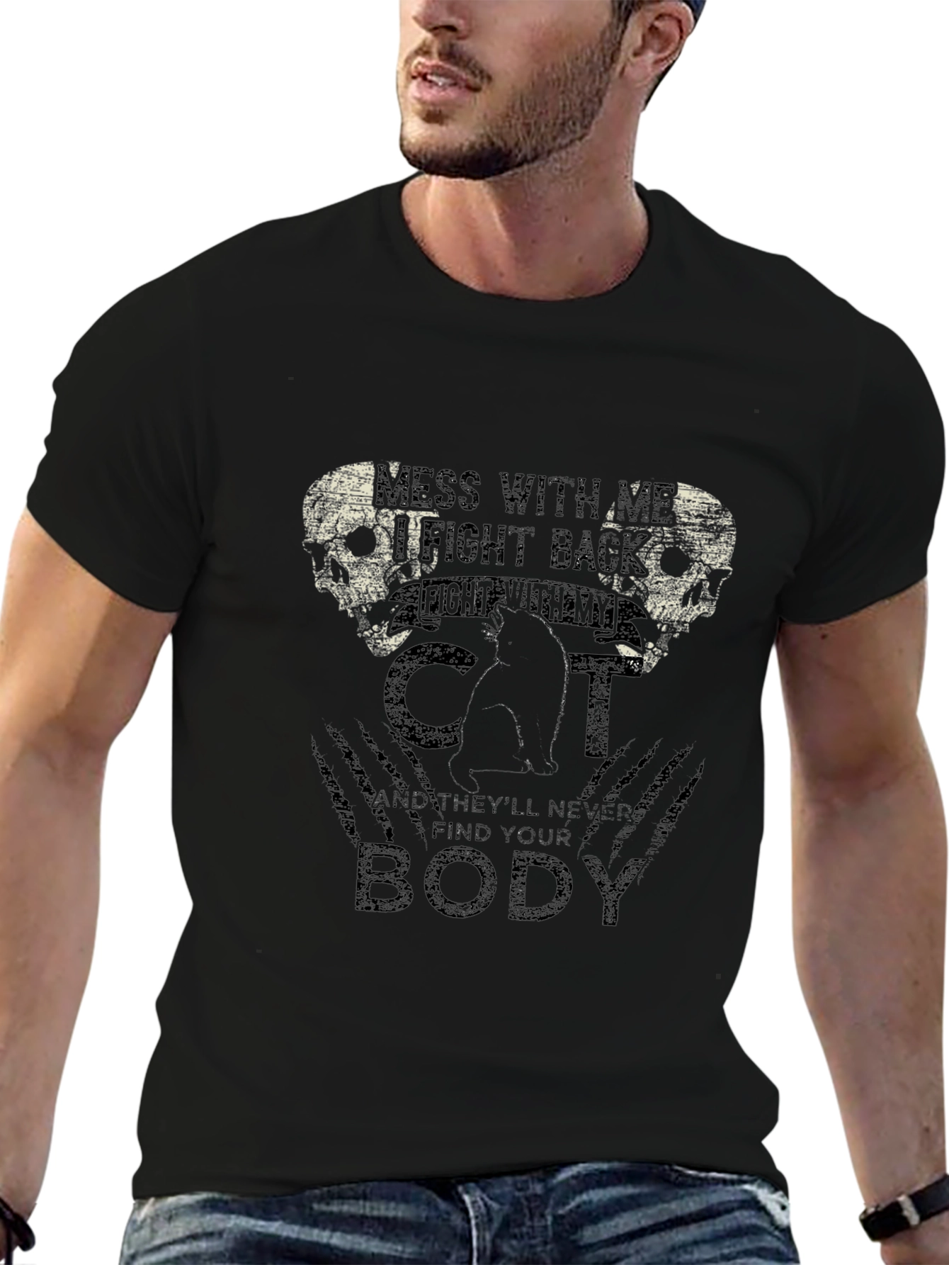 Mens Black T-Shirt with Cat & Skull Graphic