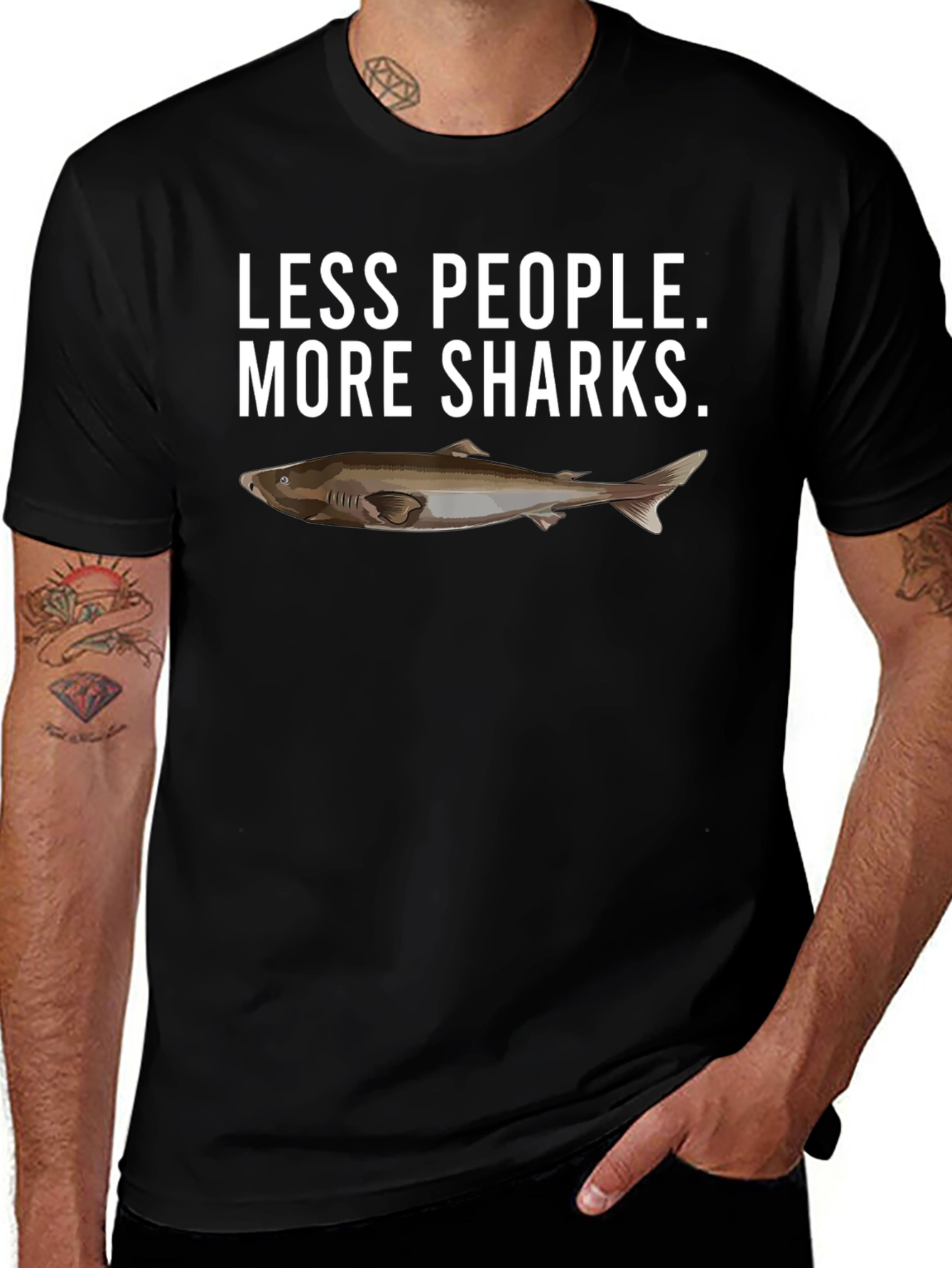 Less People More Sharks Black Graphic T-Shirt