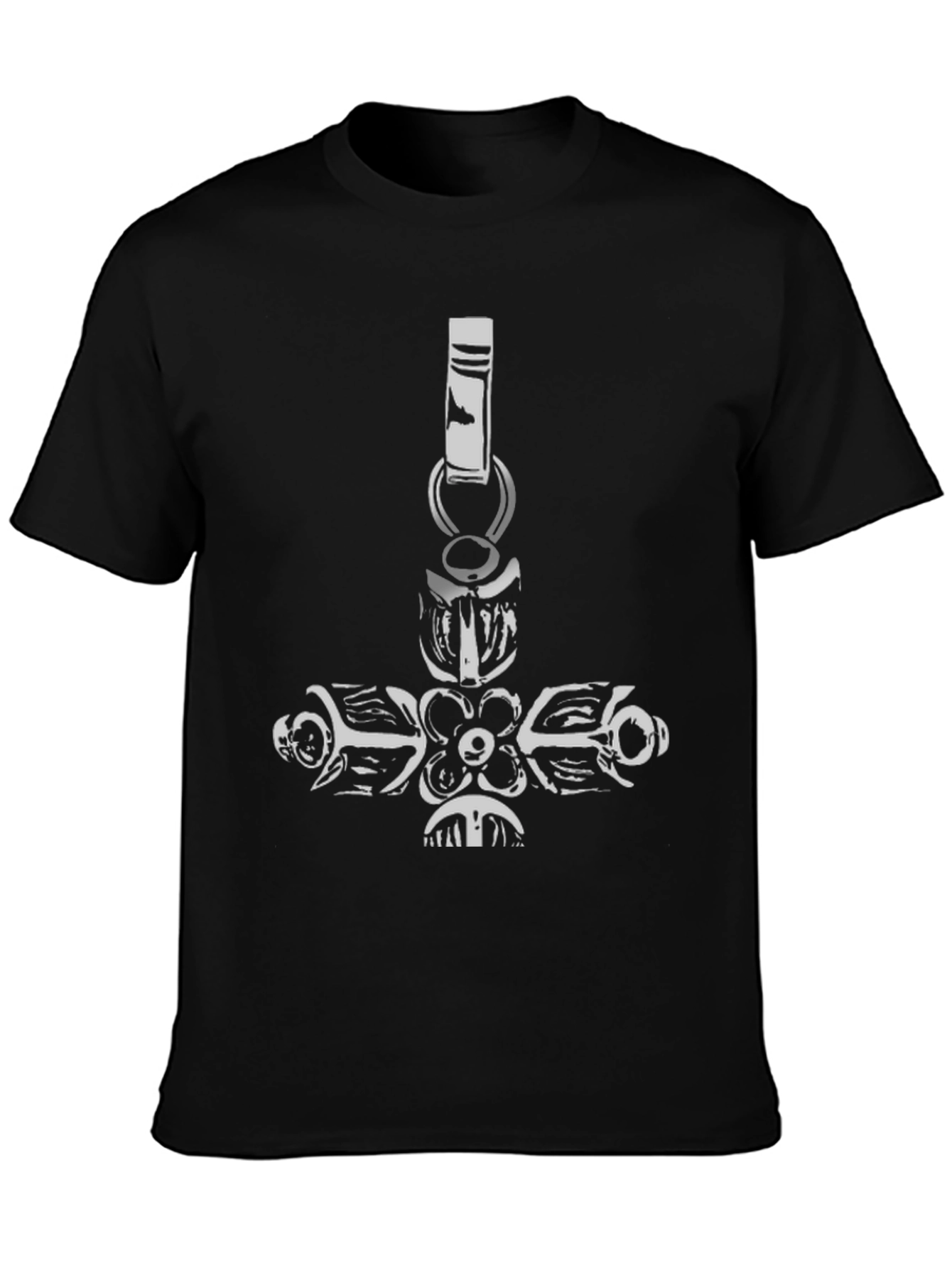 Black Tee with Ornate Cross Pendant Design