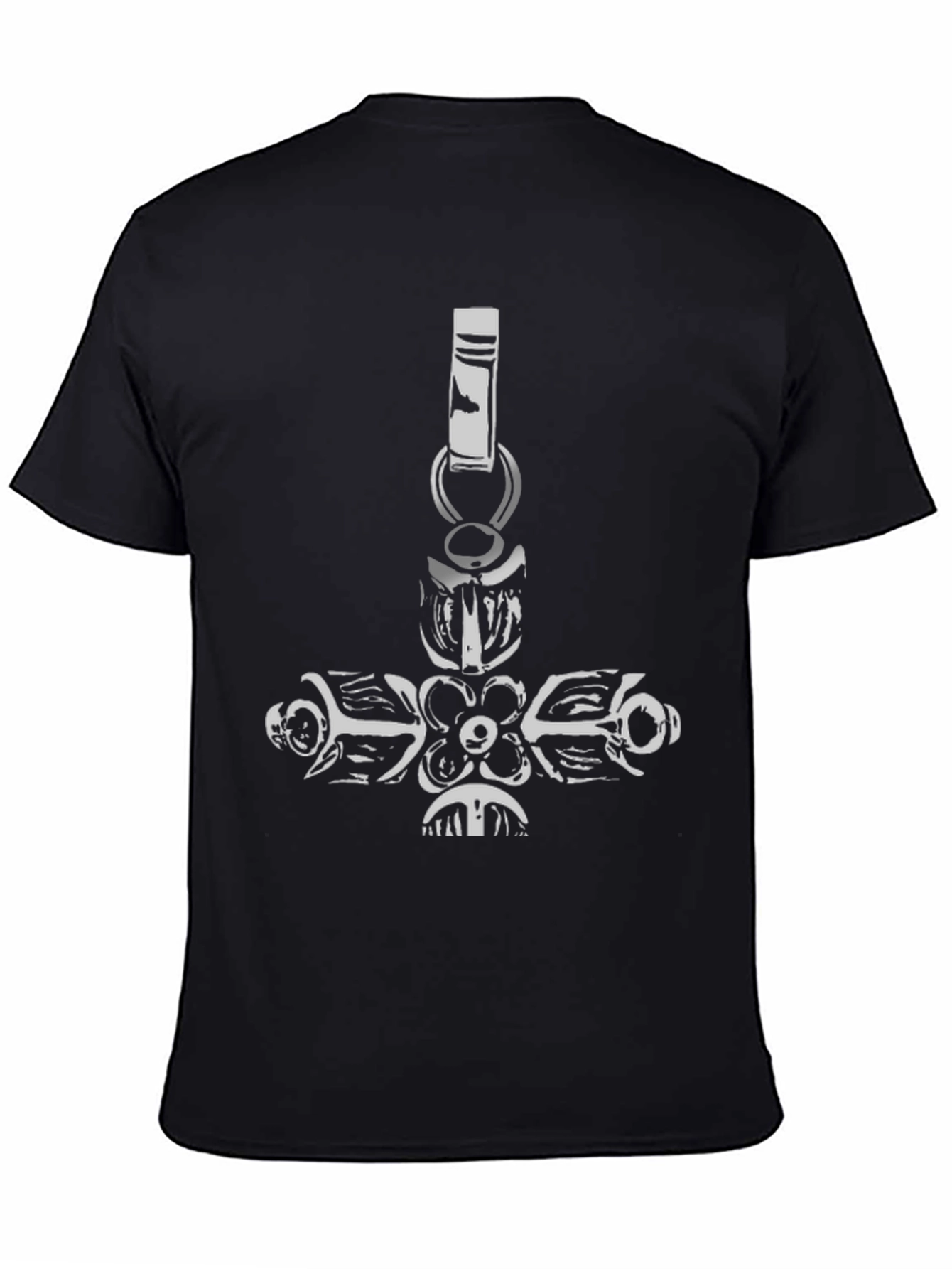 Black Tee with Ornate Cross Pendant Design