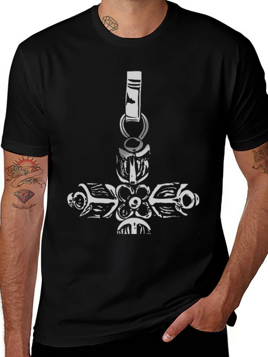 Black Tee with Ornate Cross Pendant Design