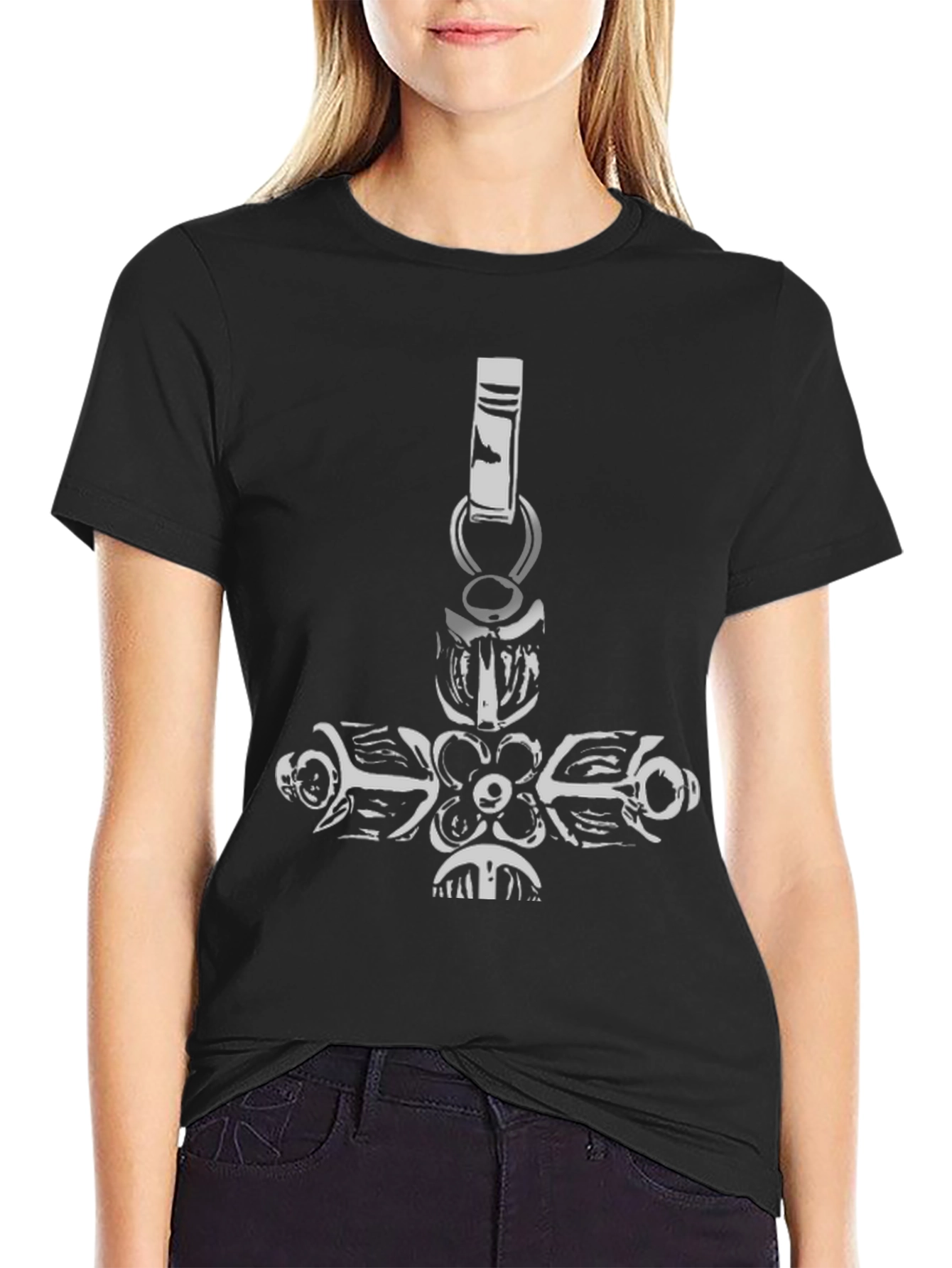 Black Tee with Ornate Cross Pendant Design