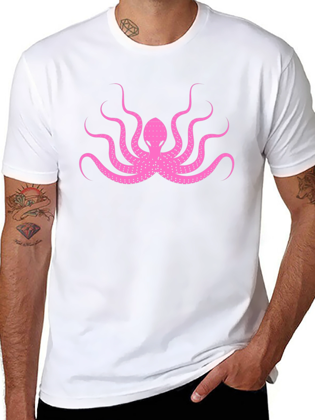 Pink Octopus Graphic Print Black T-Shirt