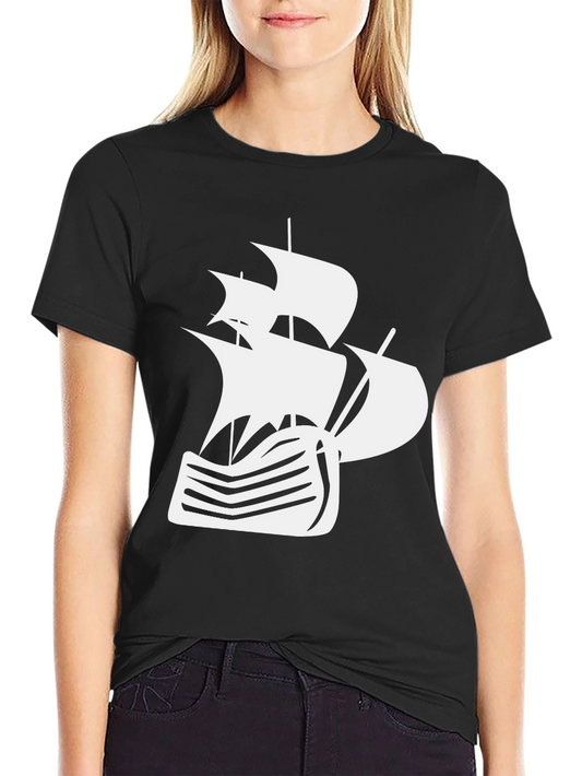 Nautical Ship Graphic Tee - Black Cotton T-Shirt