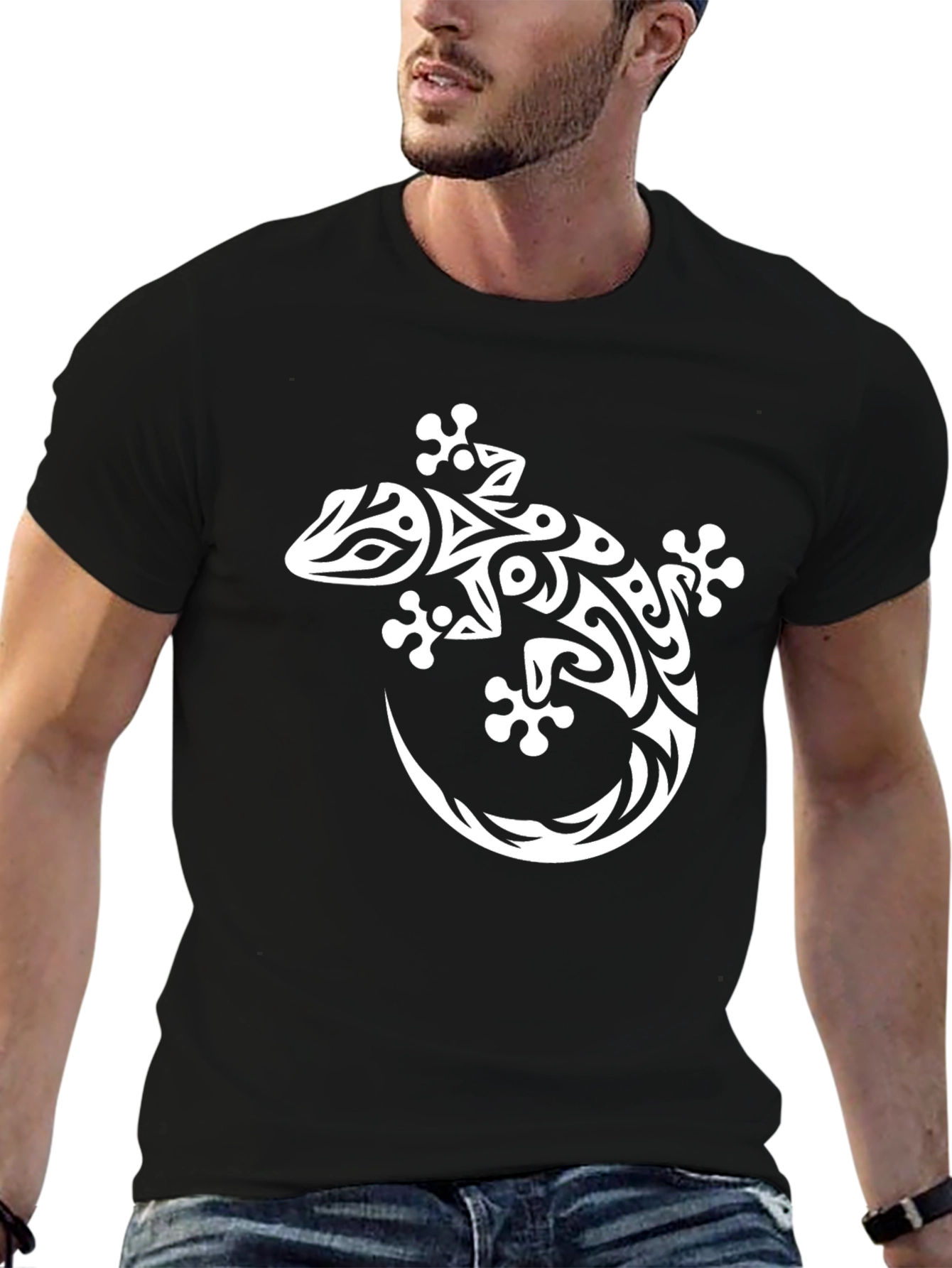 Tribal Gecko Graphic Tee - Black Cotton Blend