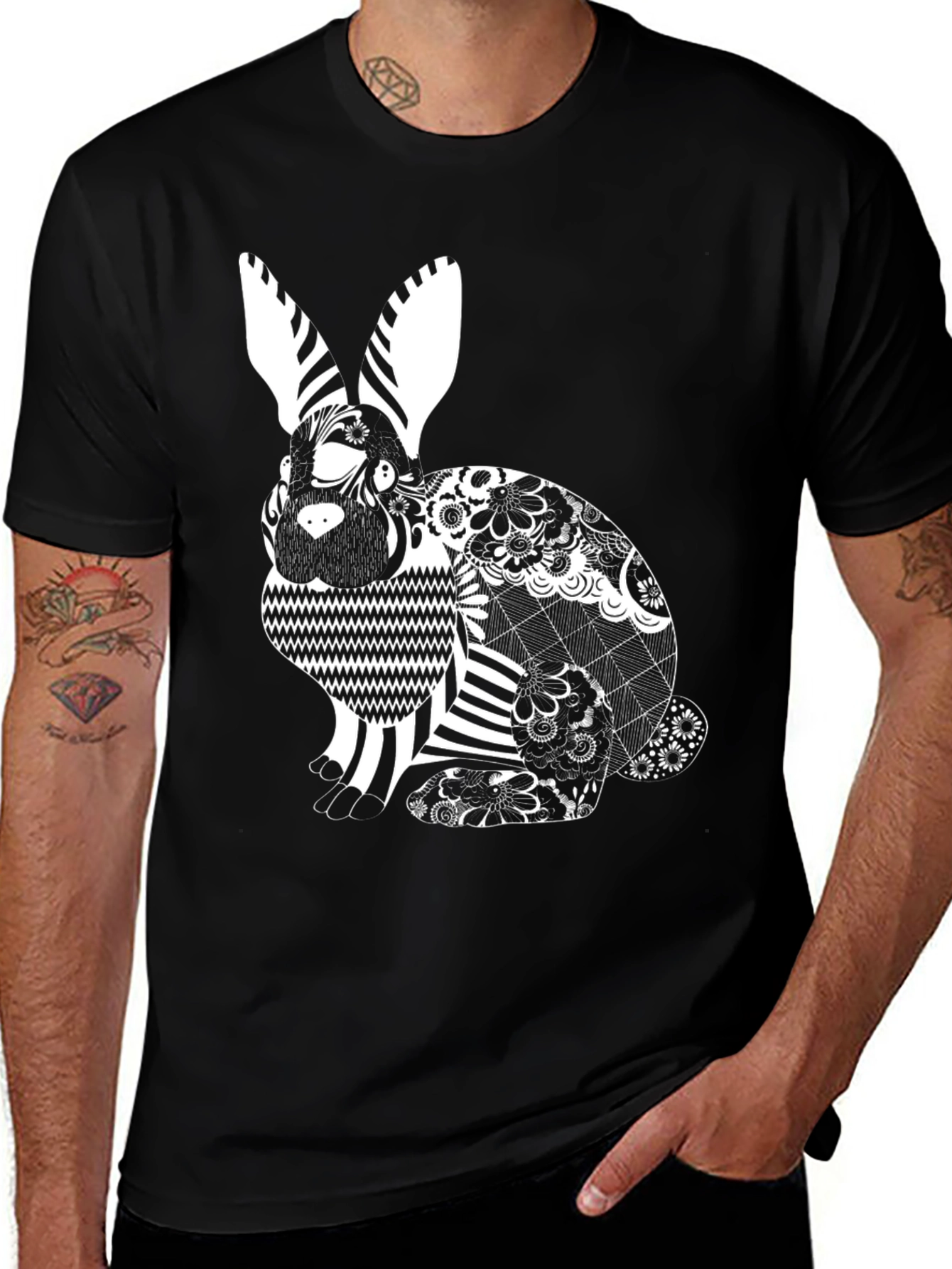 Black T-Shirt with Decorative Rabbit Design