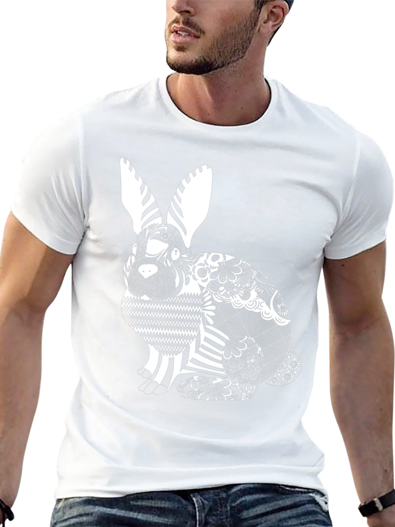 Black T-Shirt with Decorative Rabbit Design