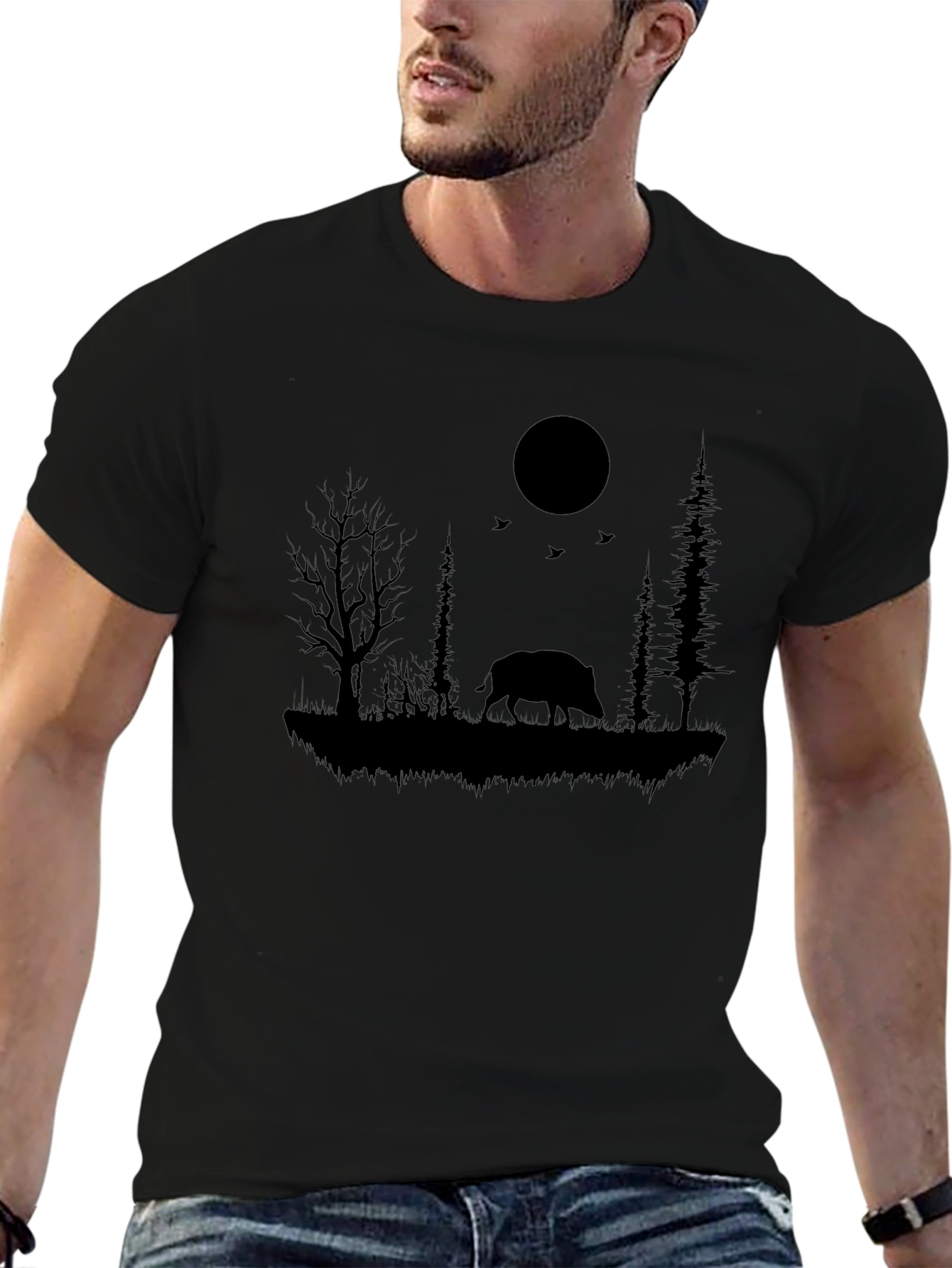 Wild Boar Silhouette Black T-Shirt - Nature Inspired Design