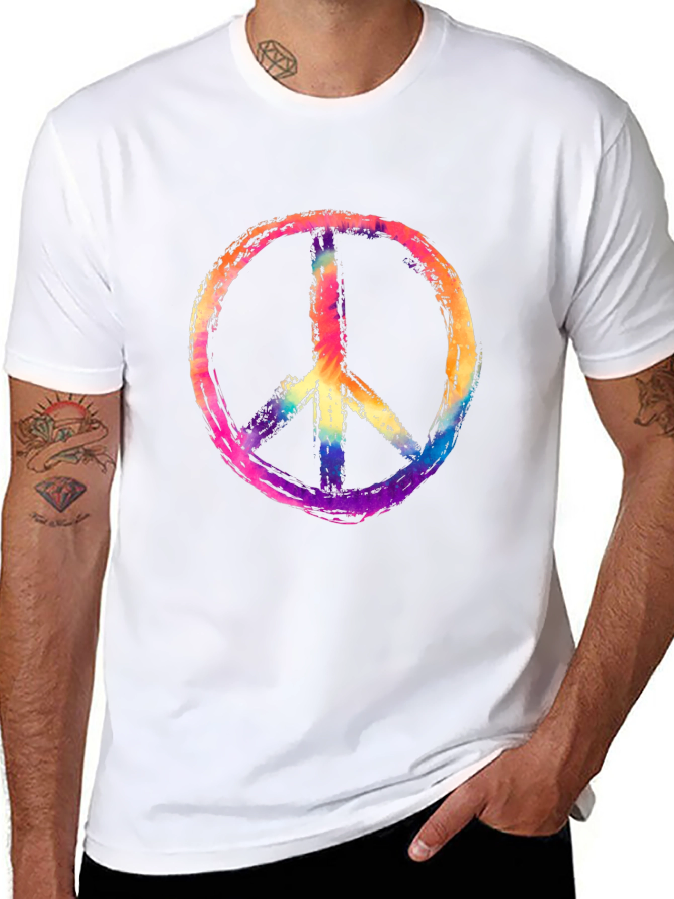 Peace Sign Graphic Tee - Rainbow Tie-Dye Design