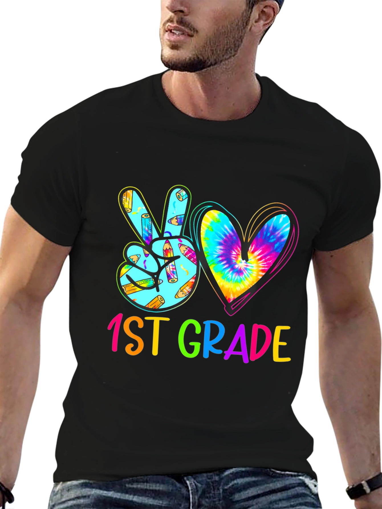 1st Grade Peace Sign Heart Tie Dye Teacher Shirt