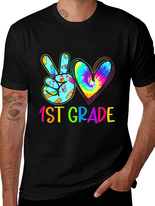 1st Grade Peace Sign Heart Tie Dye Teacher Shirt