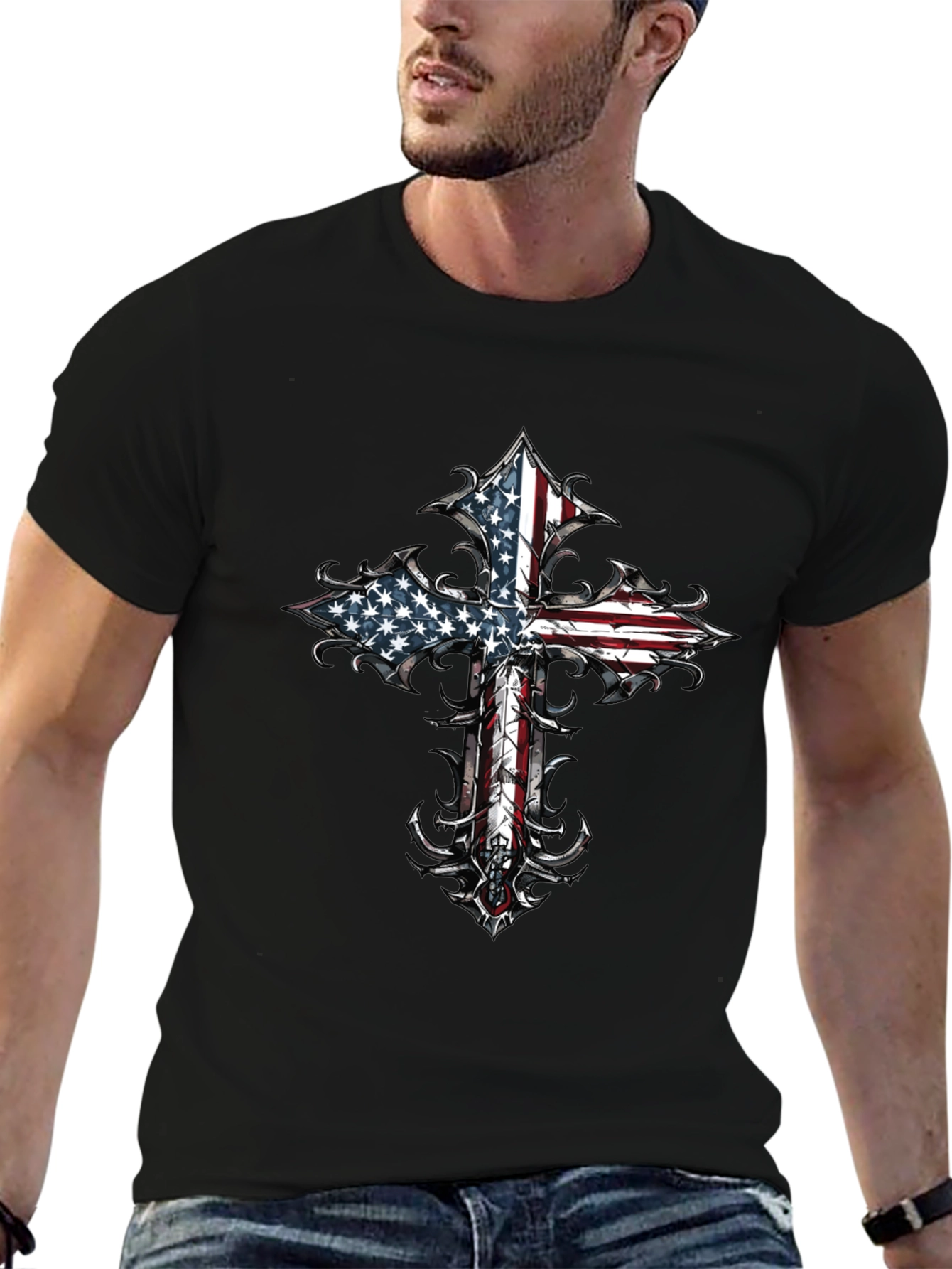 American Flag Cross Graphic Tee - Black