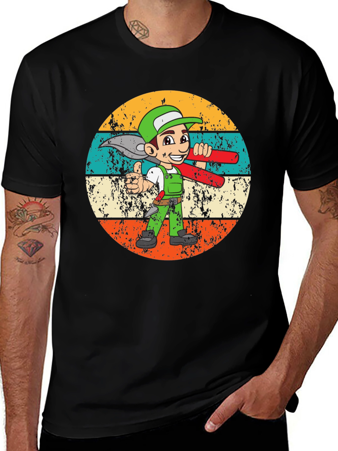 Cartoon Plumber Retro T-Shirt - Black Graphic Tee