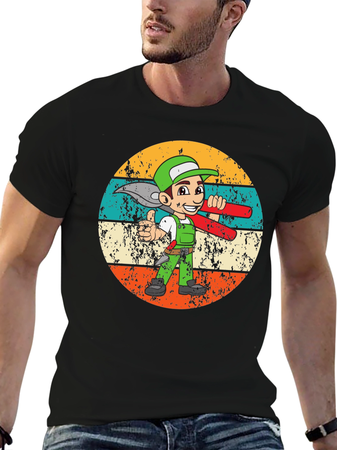 Cartoon Plumber Retro T-Shirt - Black Graphic Tee
