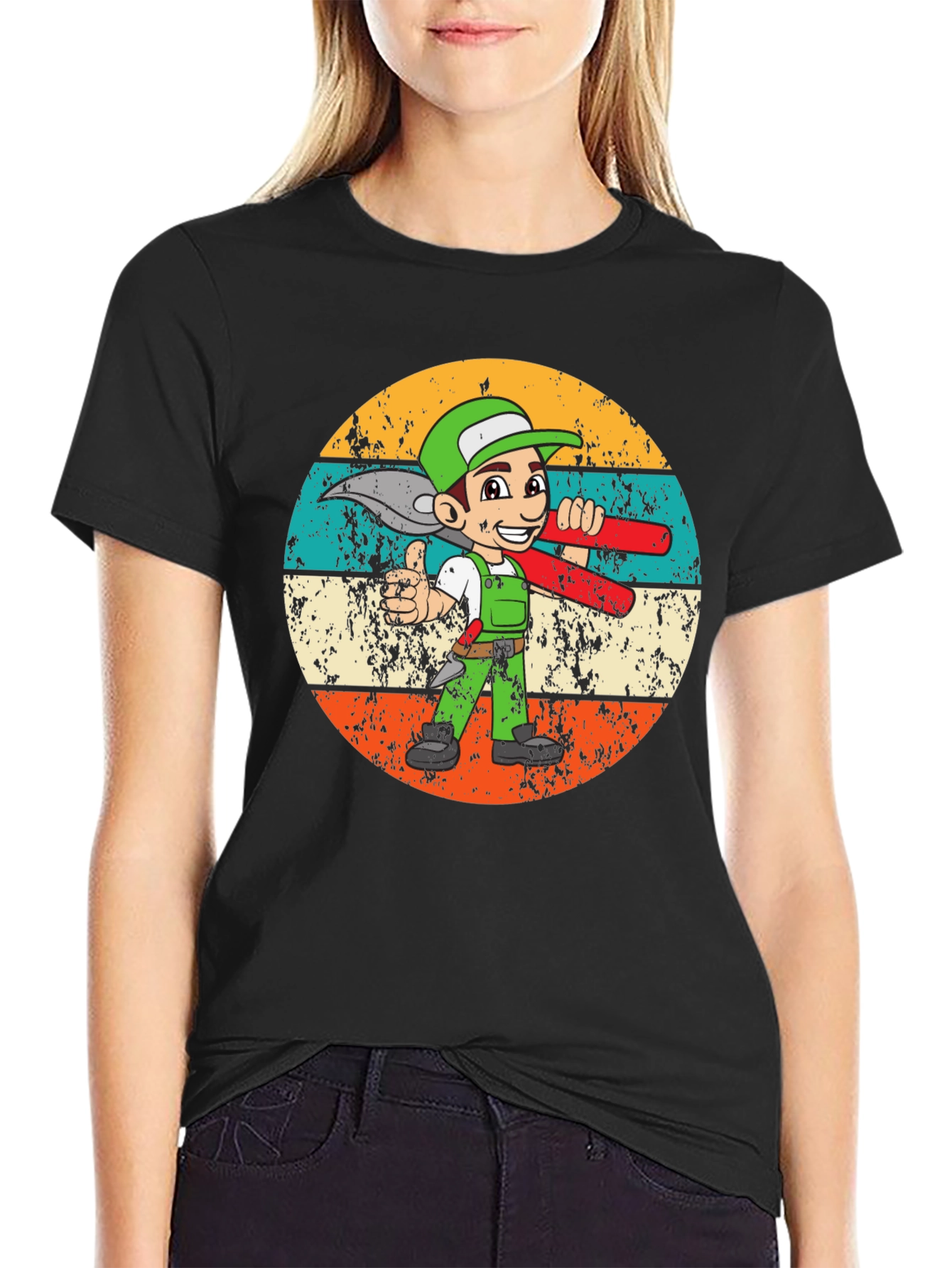 Cartoon Plumber Retro T-Shirt - Black Graphic Tee