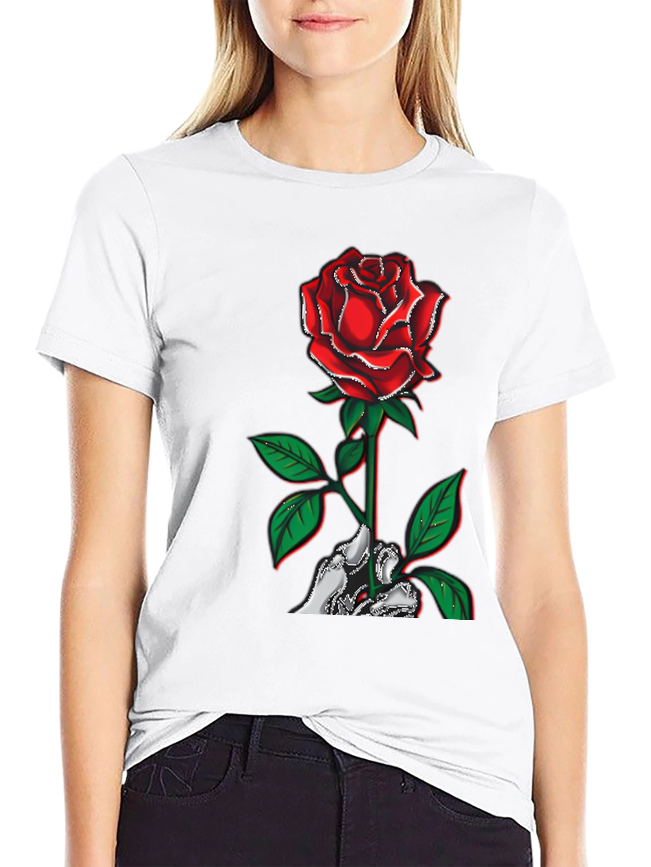 Rose Skeleton Hand Graphic T-Shirt