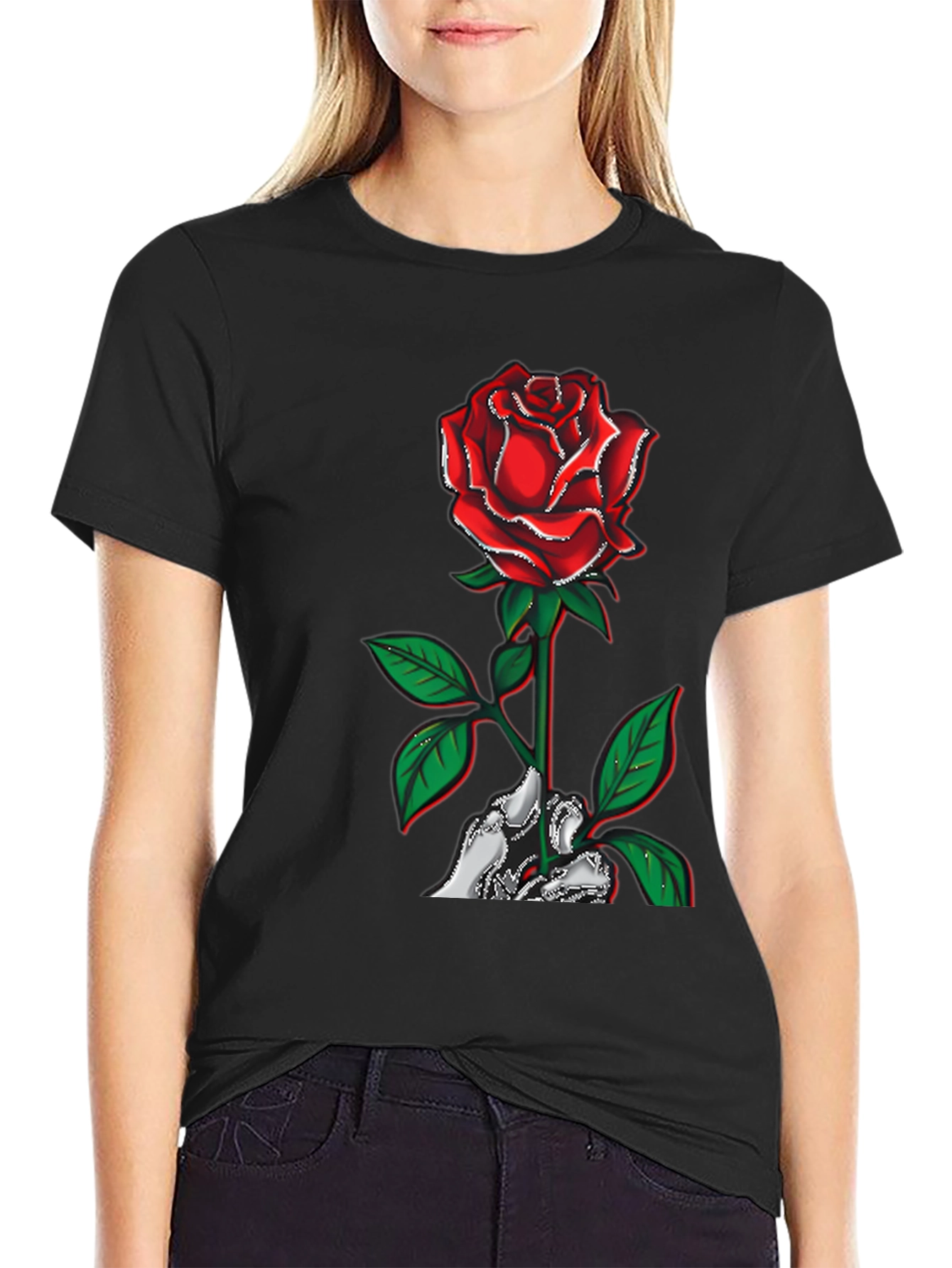 Rose Skeleton Hand Graphic T-Shirt