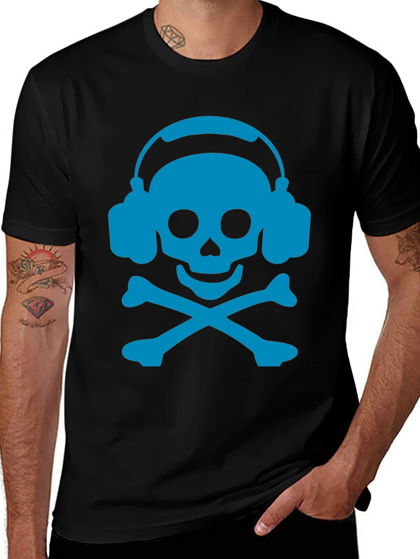 Skull & Crossbones Headphones T-Shirt - Black