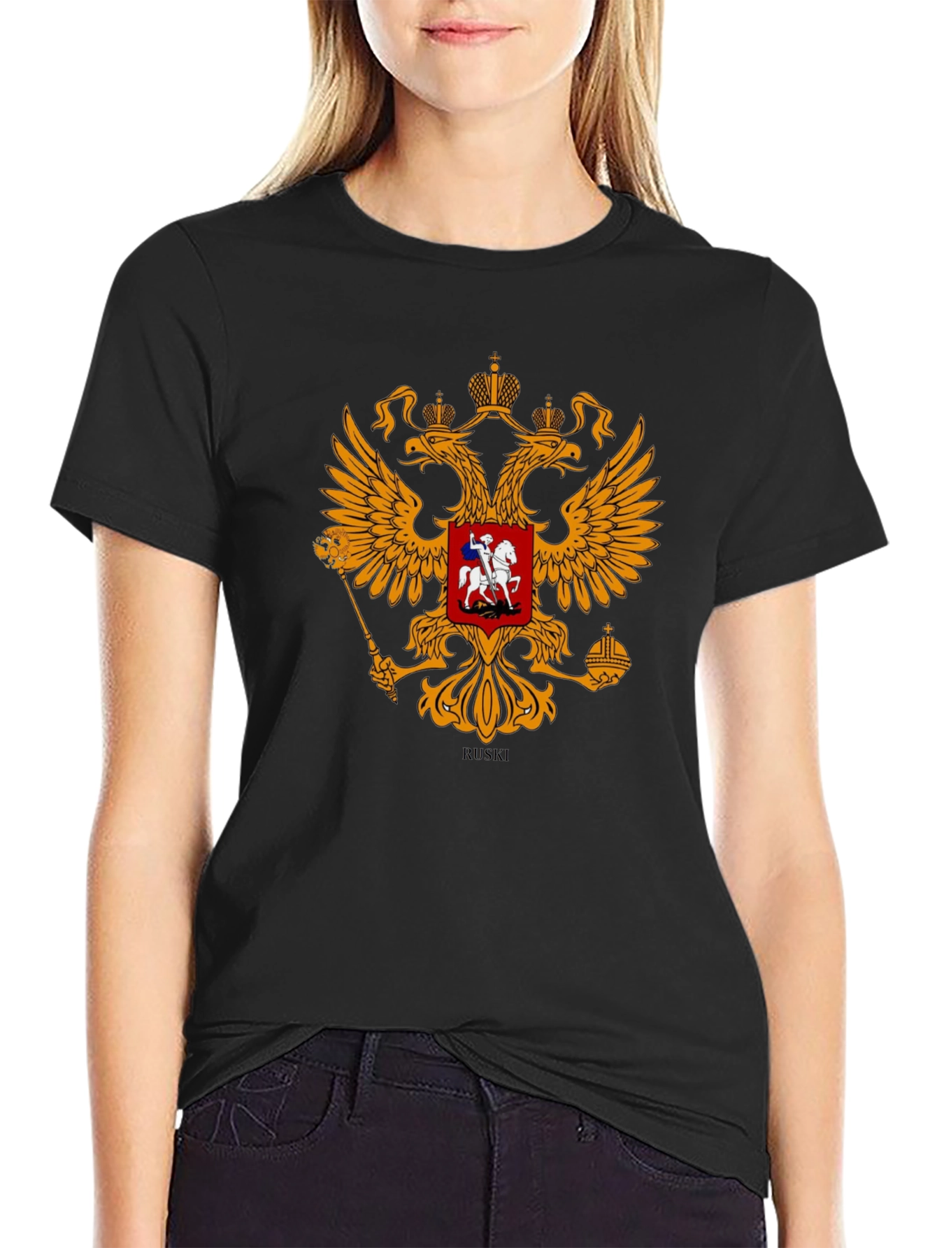 Black Tee with Russian Coat of Arms Graphic