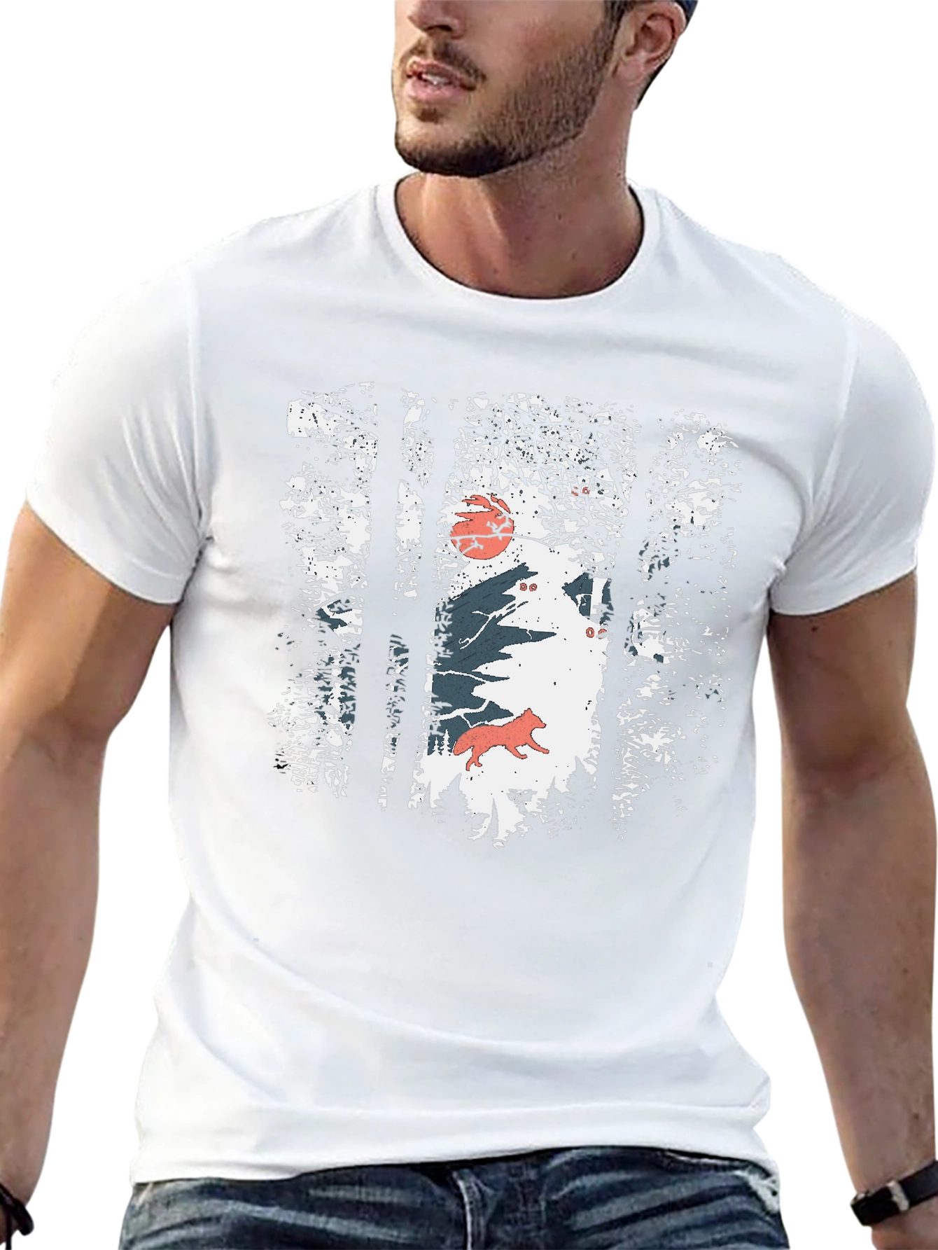 Nature Wolf Graphic Print Black T-Shirt