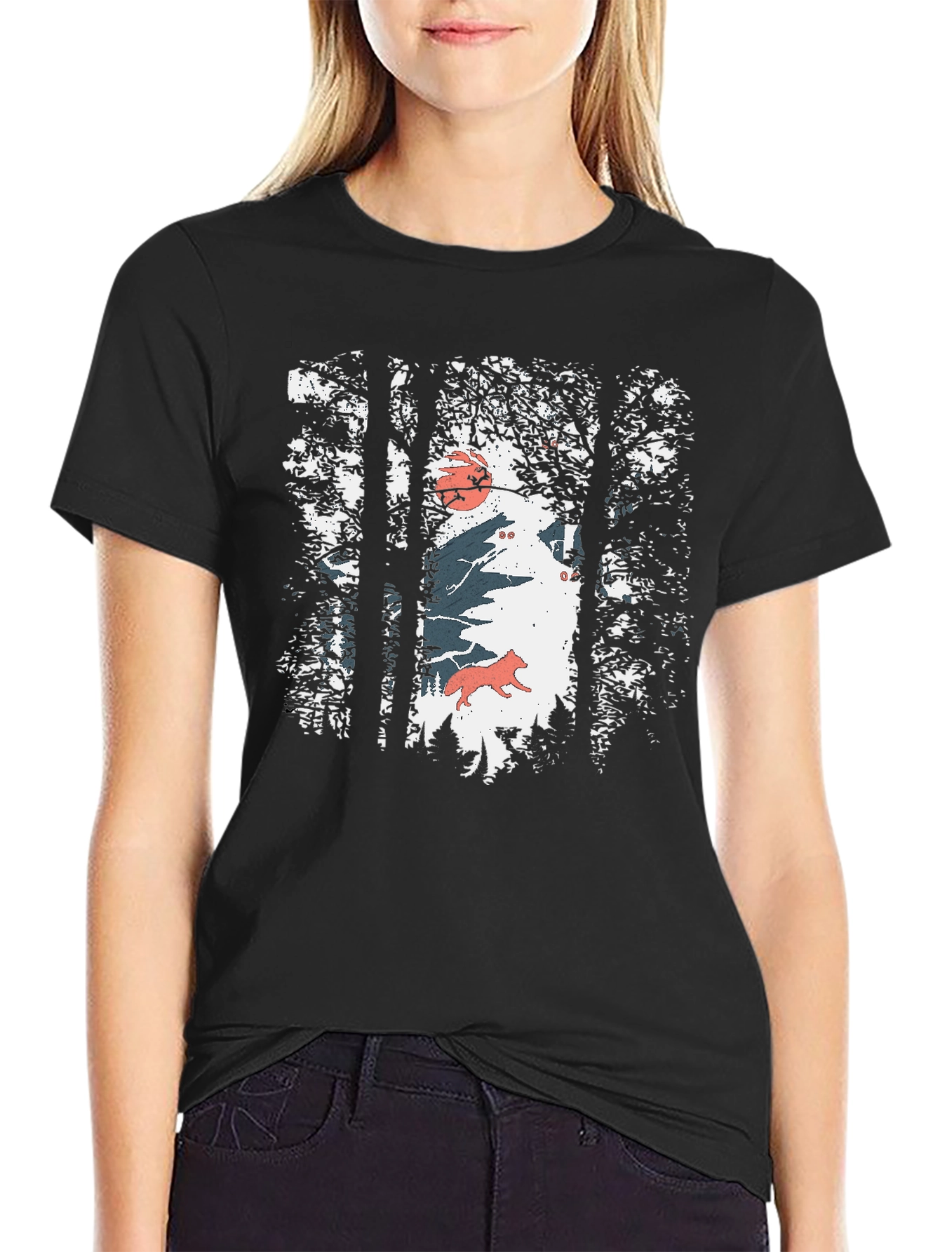 Nature Wolf Graphic Print Black T-Shirt