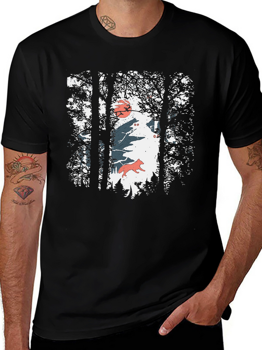 Nature Wolf Graphic Print Black T-Shirt